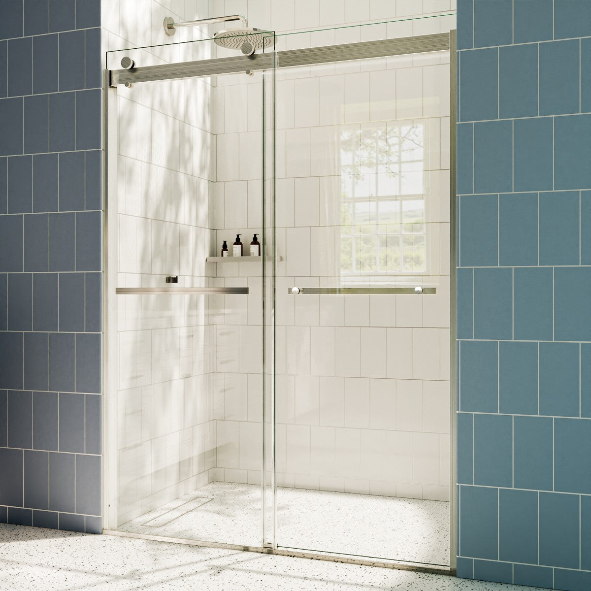 ExRoll 44-48" x 74" Frameless Shower Sliding Glass,Brushed Nickel,Water Repellent Glass Shower Door,Explosion-proof,Easy-to-clean coating