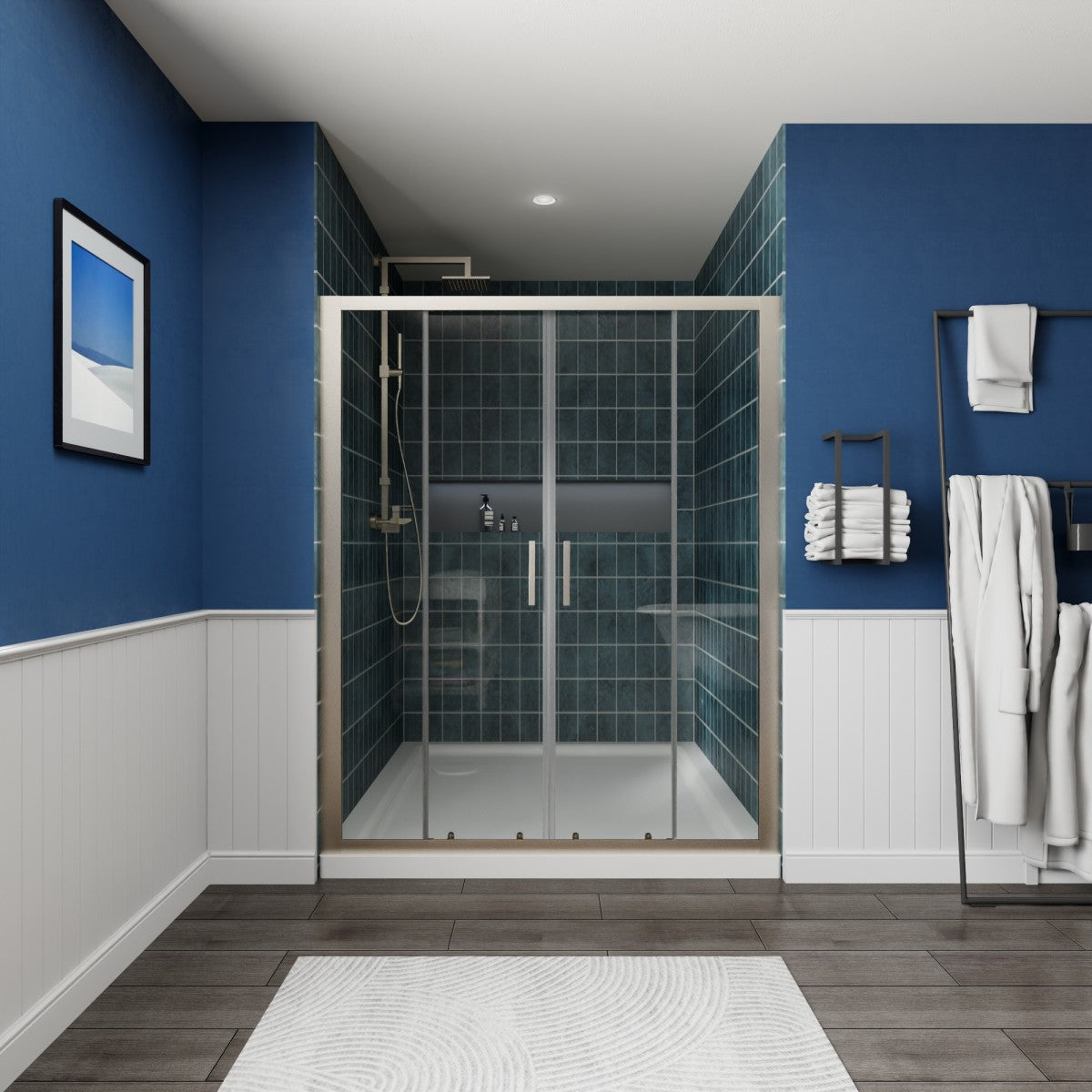 Holden 56-60"W x 70"H Easy Clean Shatter Proof Double Framed Sliding Shower Door with 1/4" (6mm) Clear SGCC Tempered Glass,Brushed Nickel