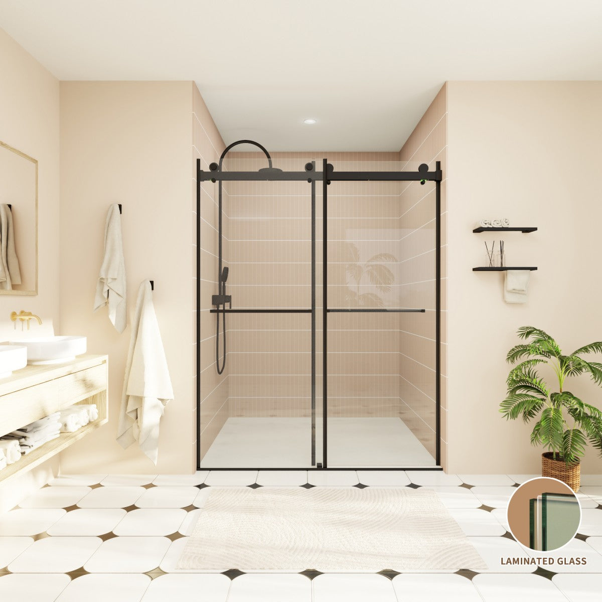 ExRoll-P Allsumhome 56"-60"W x 76"H Frameless Double Sliding Shower Door,10mm Tempered Glass Shower Enclosure,Easy Clean Coat,Matte Black,Buffer