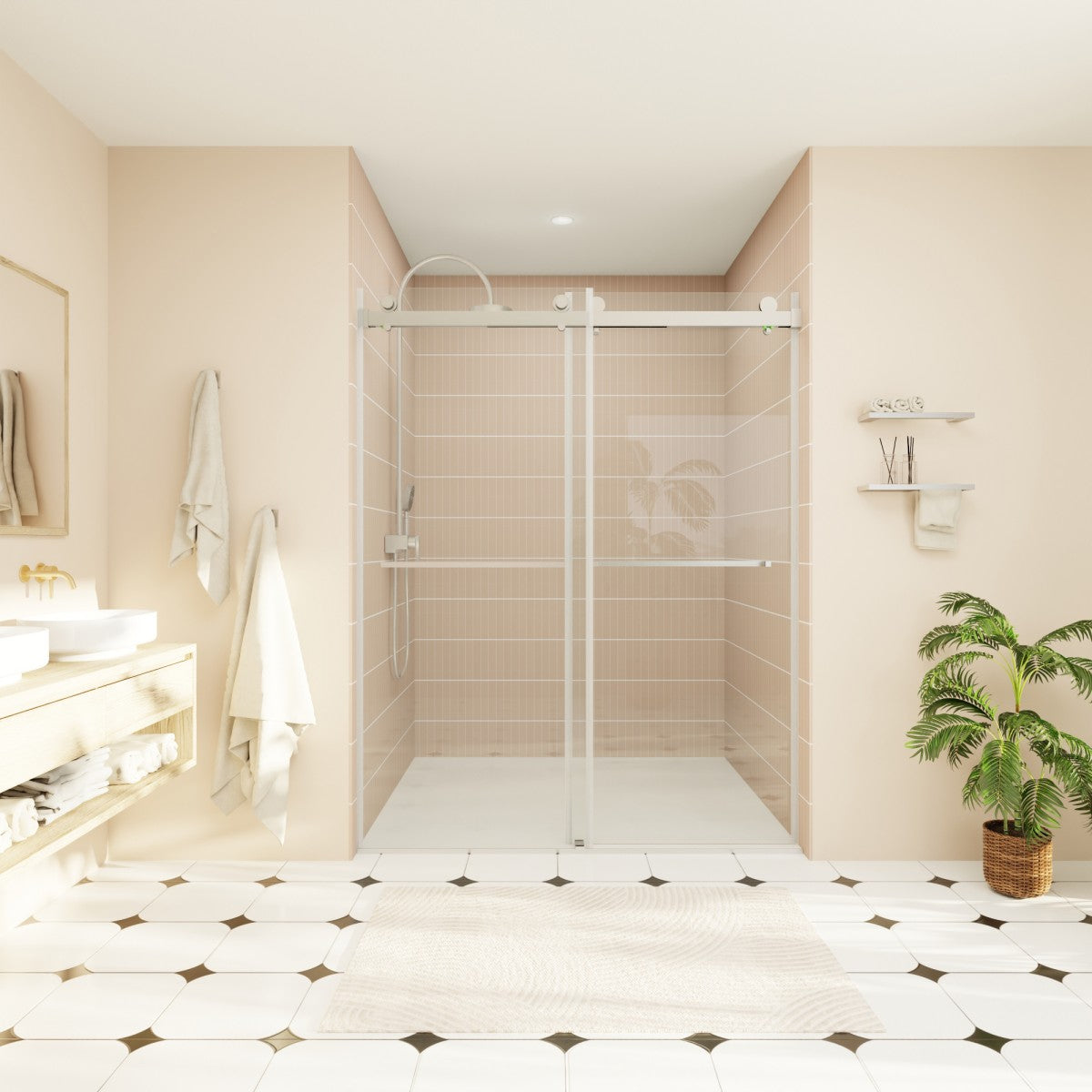 ExRoll-P Allsumhome 56"-60"W x 76"H Frameless Double Sliding Shower Door,10mm Tempered Glass Shower Enclosure,Easy Clean Coat,Brushed Nickel,Buffer