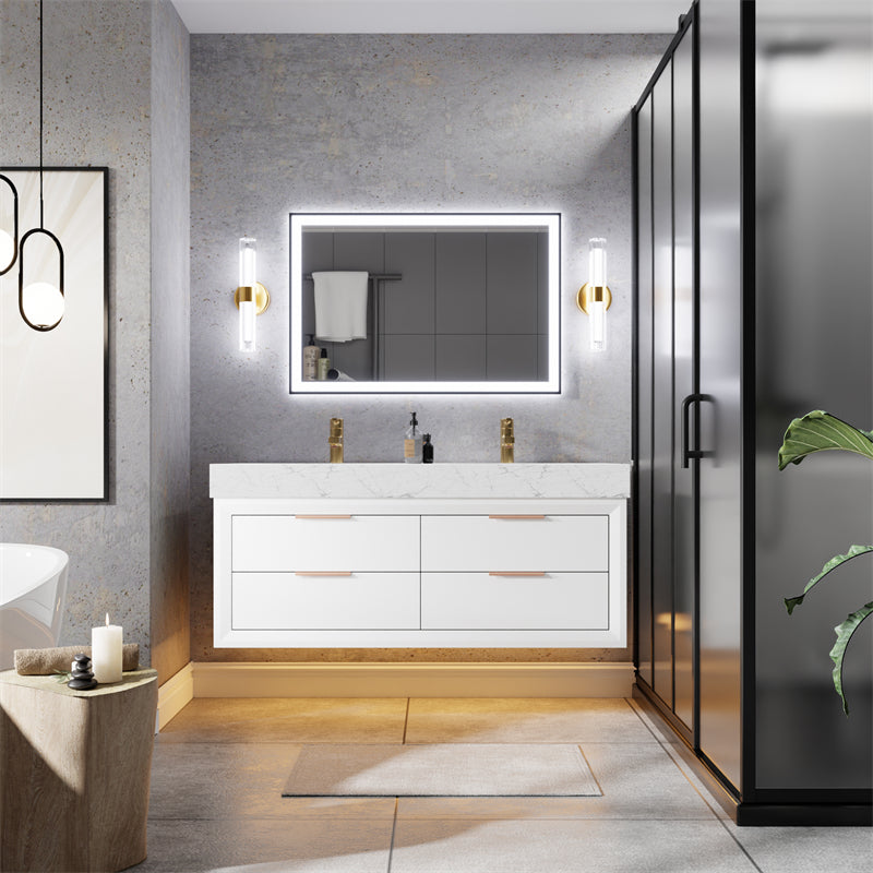 Glam 48-inch modern white rubberwood bathroom vanity cabinet with lights, stone slab countertop, and dual sinks.