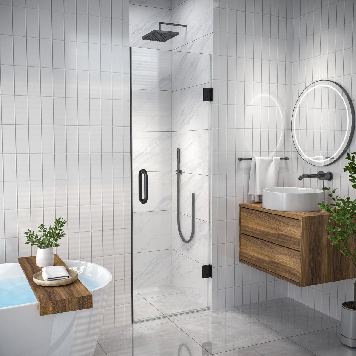 Valor Shower Door 24in.W x 72in.H Semi-Frameless Hinged Shower Door,Shower Room Glass Door with Clear Tempered Shower Glass Panel,Black