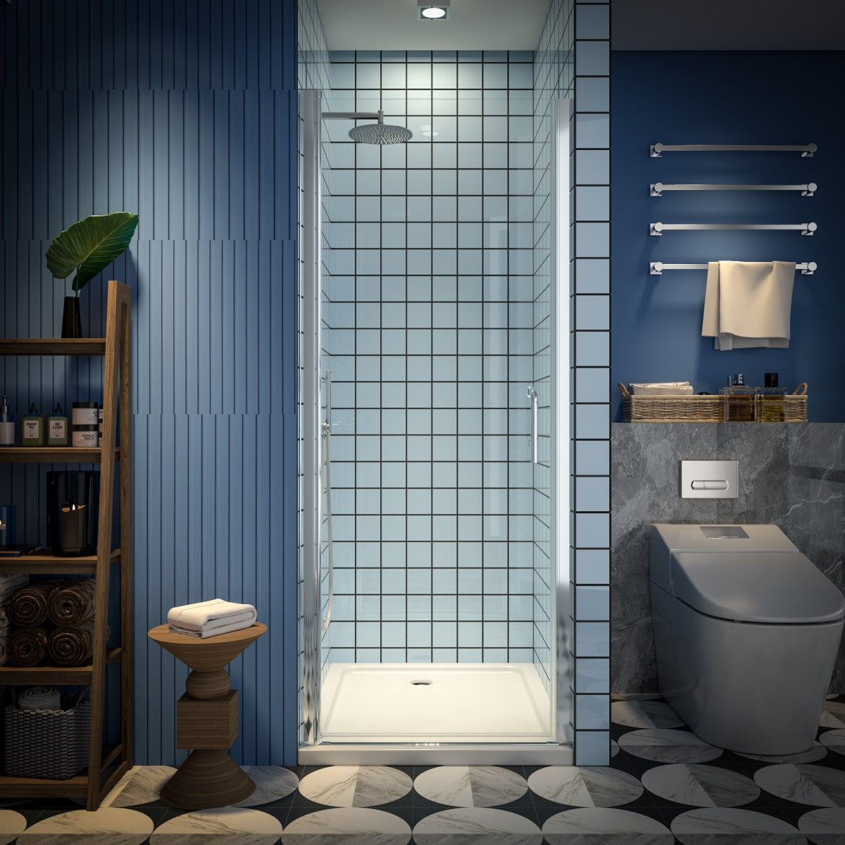 Classy 30-32" W x 72" H semi-frameless chrome pivot shower door with handle in modern bathroom setting.