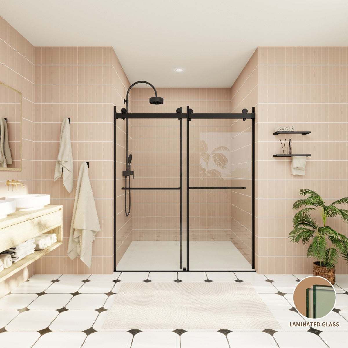 ExRoll-PL Allsumhome 56"-60"W x 70"H Frameless Double Sliding Shower Door,8mm Laminated Glass,Shatterproof,Noise-proof,UV-proof,Tempered Glass Shower Enclosure,Matte Black,Buffer