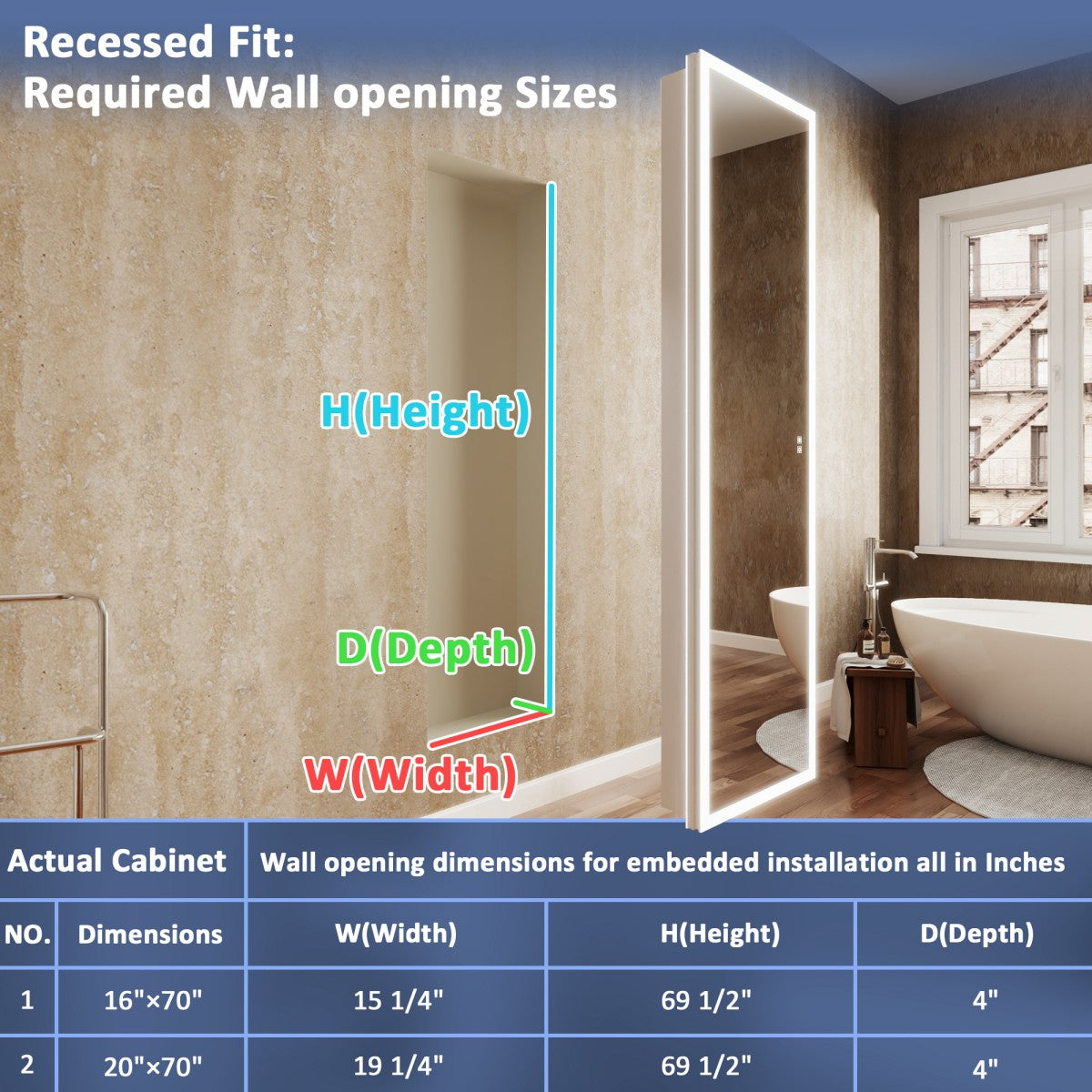 Allsum 20-1/8" x 70-1/8" Full Length Lighted Frameless Single Door Medicine Cabinet