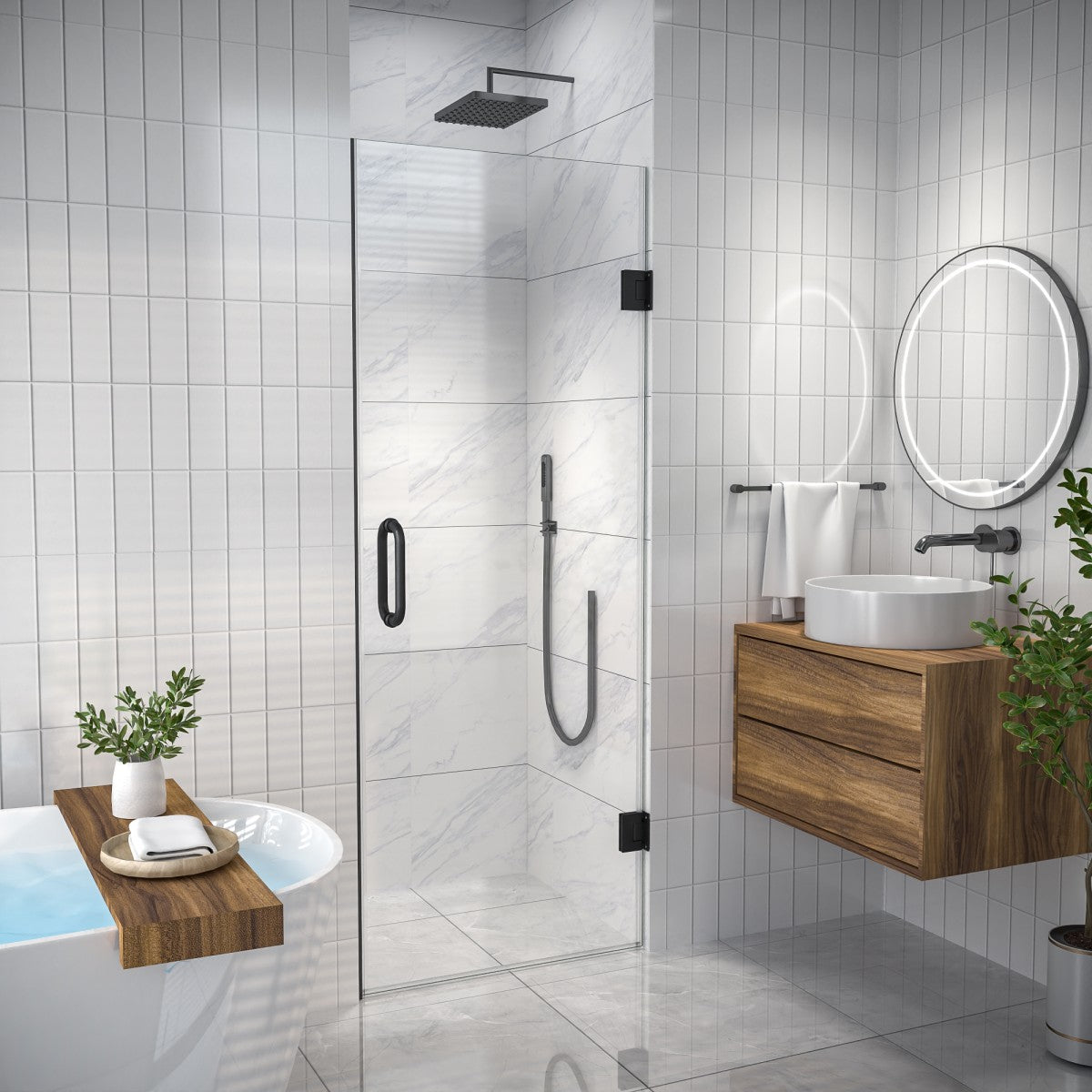 Valor Shower Door 28in.W x 72in.H Semi-Frameless Hinged Shower Door,Shower Room Glass Door with Clear Tempered Shower Glass Panel,Black