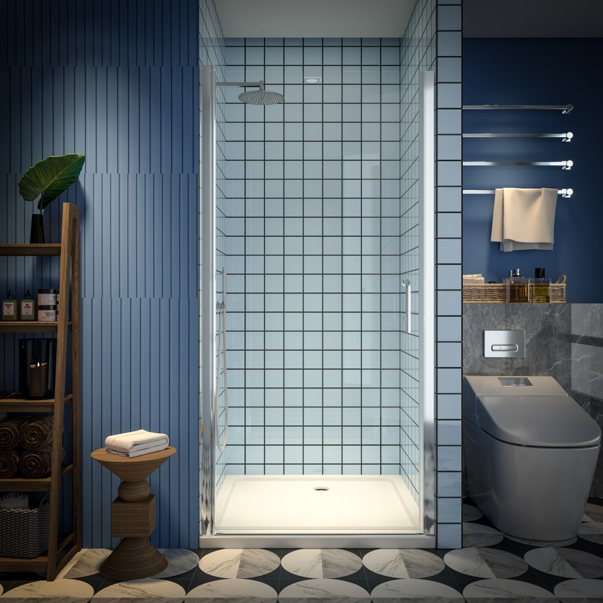 Classy 36-38" W x 72" H pivot semi-frameless glass shower door in chrome, modern bathroom setting.