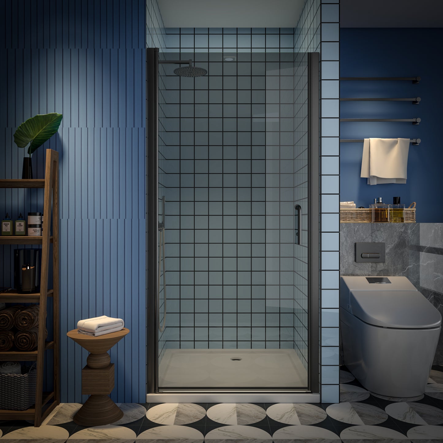 Classy-G 32-33.3" W x 72" H Pivot Frameless Shower Door Matte Black Smoke Gray Glass Shower Door with Handle