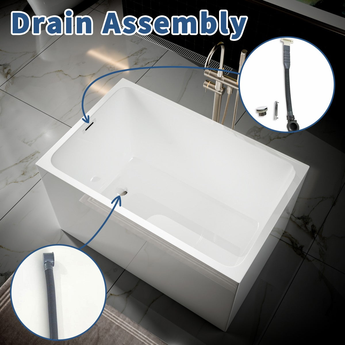 SQ Exbrite 43' Acrylic Freestanding Bathtub ,Spacious rectangle Shape, Gloss White Finish, Chrome Overflow & Pop-Up Drain CUPC Certificate - ExBriteUSA