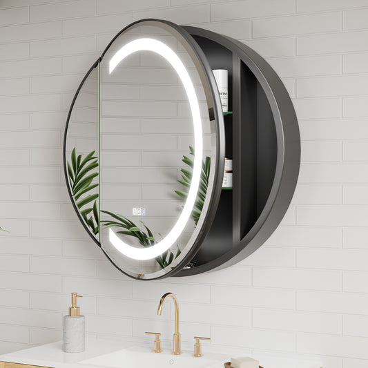 Hola 30" Round LED Medicine Cabinet – Black Frame, Anti-Fog, Dimmable Lighting, Surface Mount - ExBriteUSA