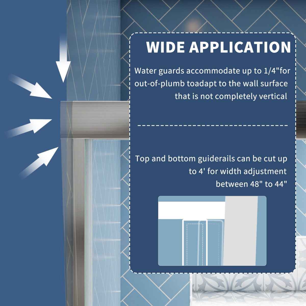 Glide 44-48" Wide x 70" Sliding Glass Shower Doors Frame in Brushed Gold,Clear Tempered Glass