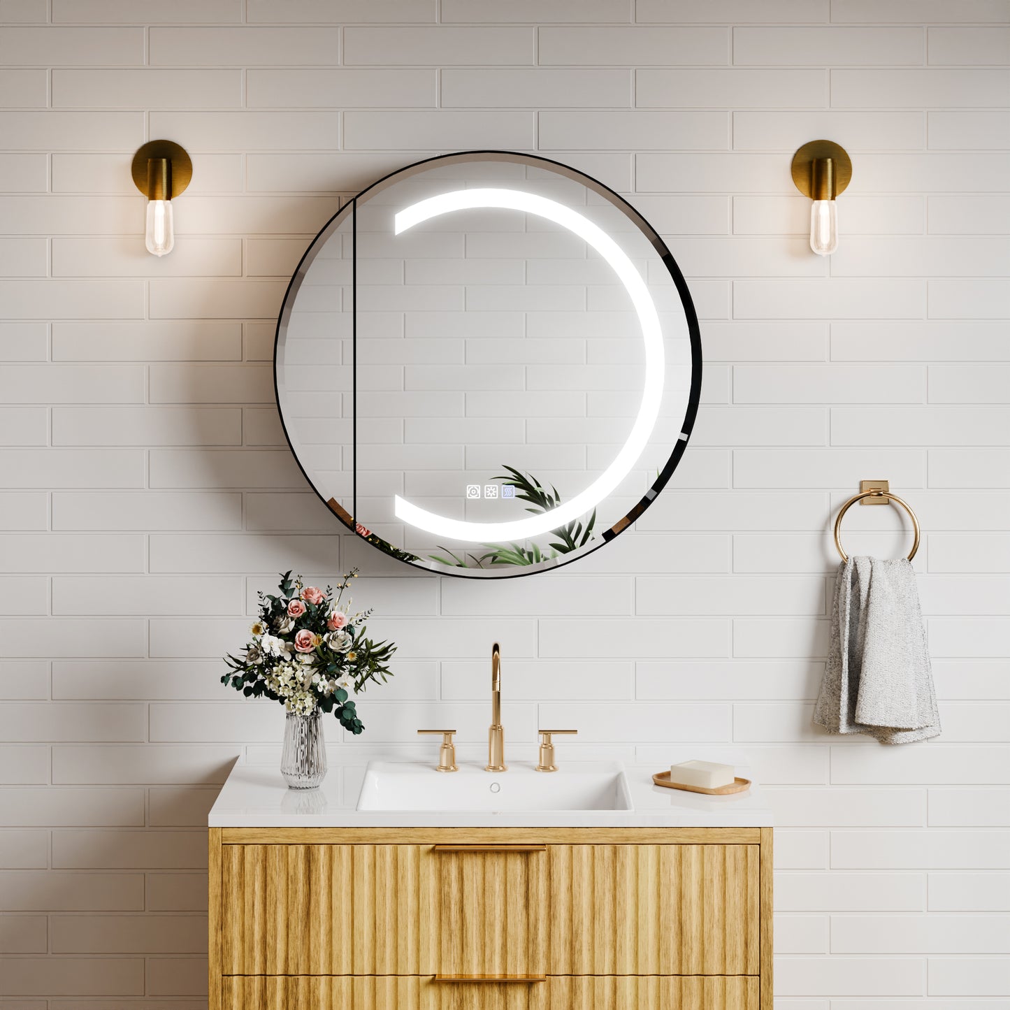 Hola 24" Round LED Medicine Cabinet – Black Frame, Anti-Fog, Dimmable Lighting, Surface Mount - ExBriteUSA