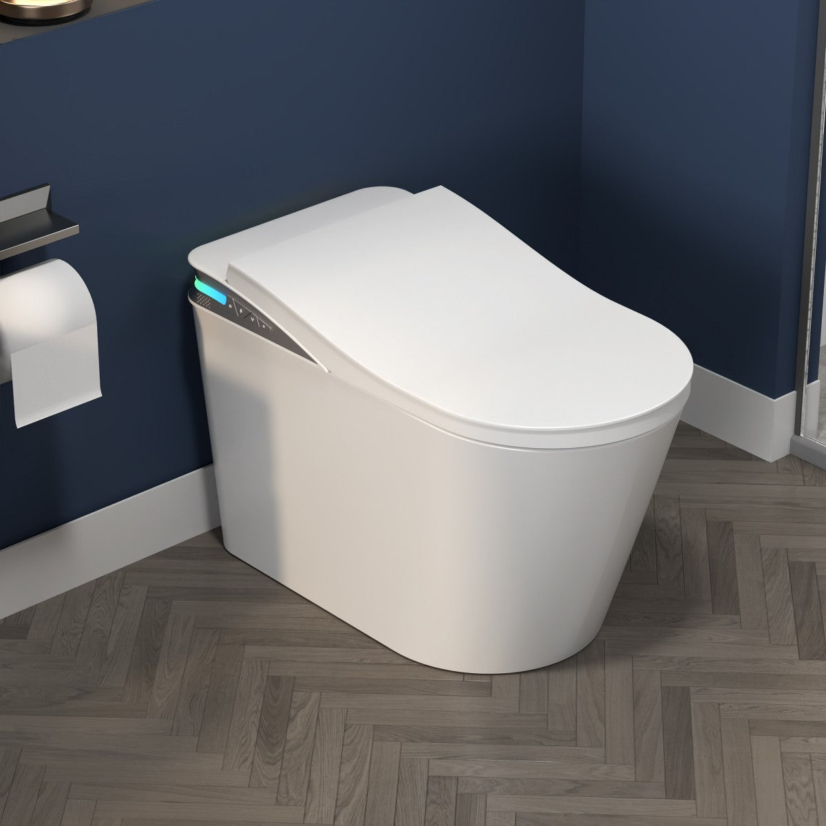Exbrite Smart Toilet With Foot Sensing Open Cover & Seat, Buttons Control, Night Light, Leakage Protection, Side Knob With Multiple Controls, Remote Control, Auto Flushing, White Screen