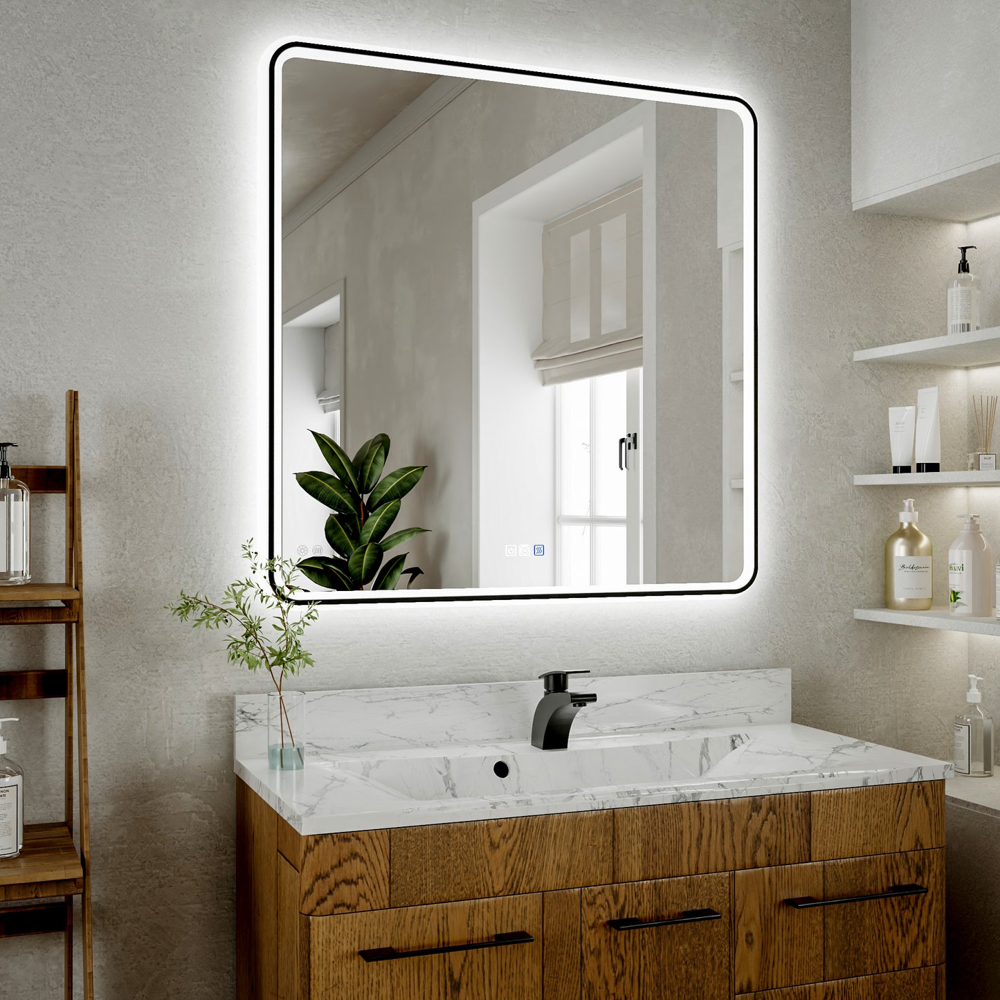 Lumina 36" W x 36" H LED Lighted Bathroom Mirror,High Illuminate, Inner & Outer Lighting,Anti-Fog, Dimmable,Black Frame with Rounded Corners