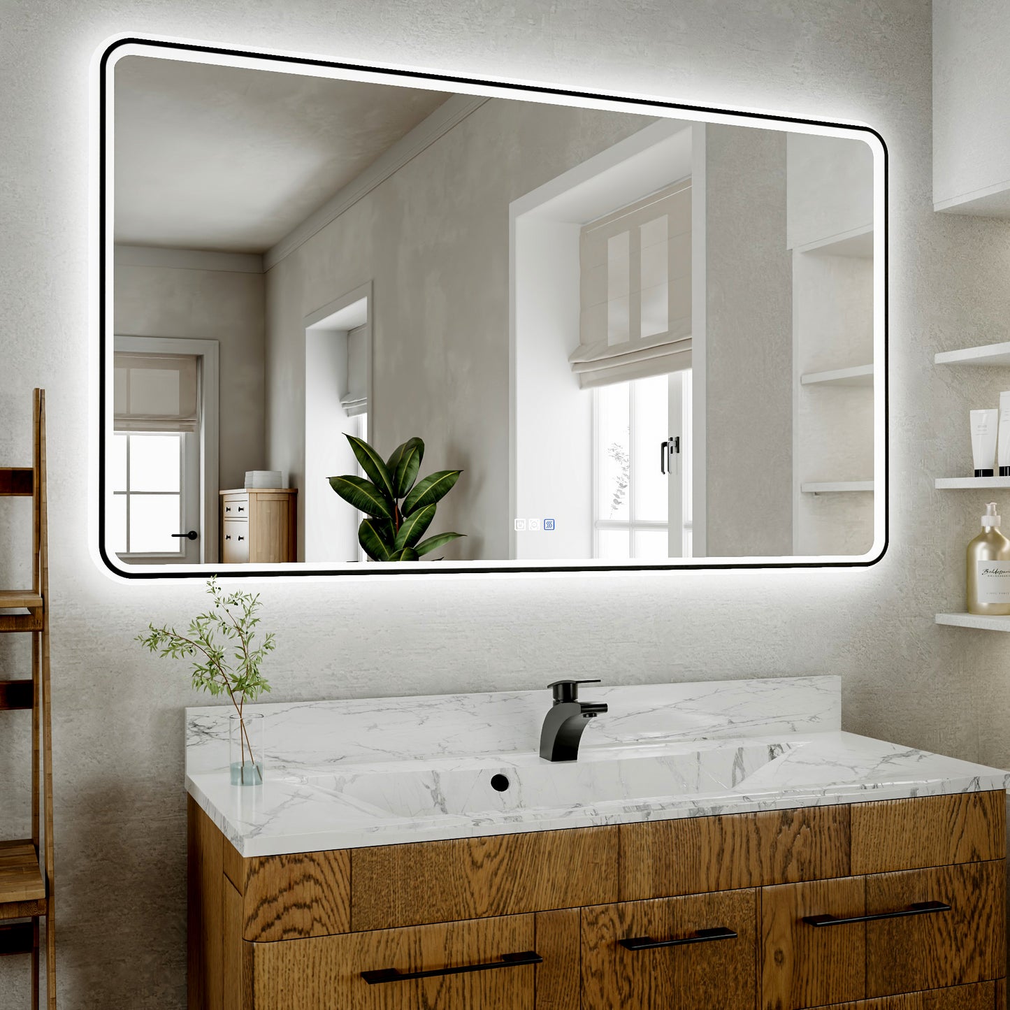 Lumina 55" W x 36" H LED Lighted Bathroom Mirror,High Illuminate,Inner and Outer Lighting,Anti-Fog,Dimmable,Black Frame with Rounded Corners