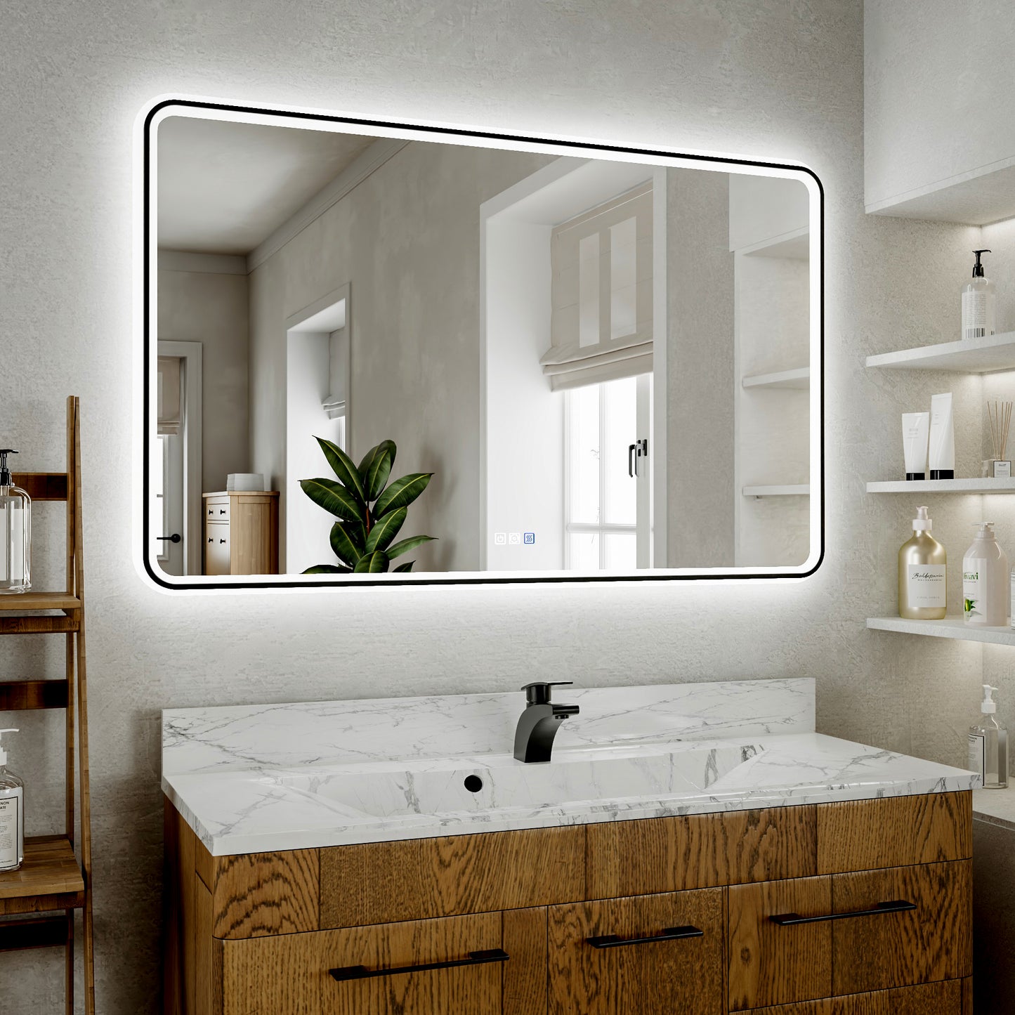 Lumina 48" W x 30" H LED Lighted Bathroom Mirror,High Illuminate, Inner & Outer Lighting,Anti-Fog, Dimmable,Black Frame with Rounded Corners