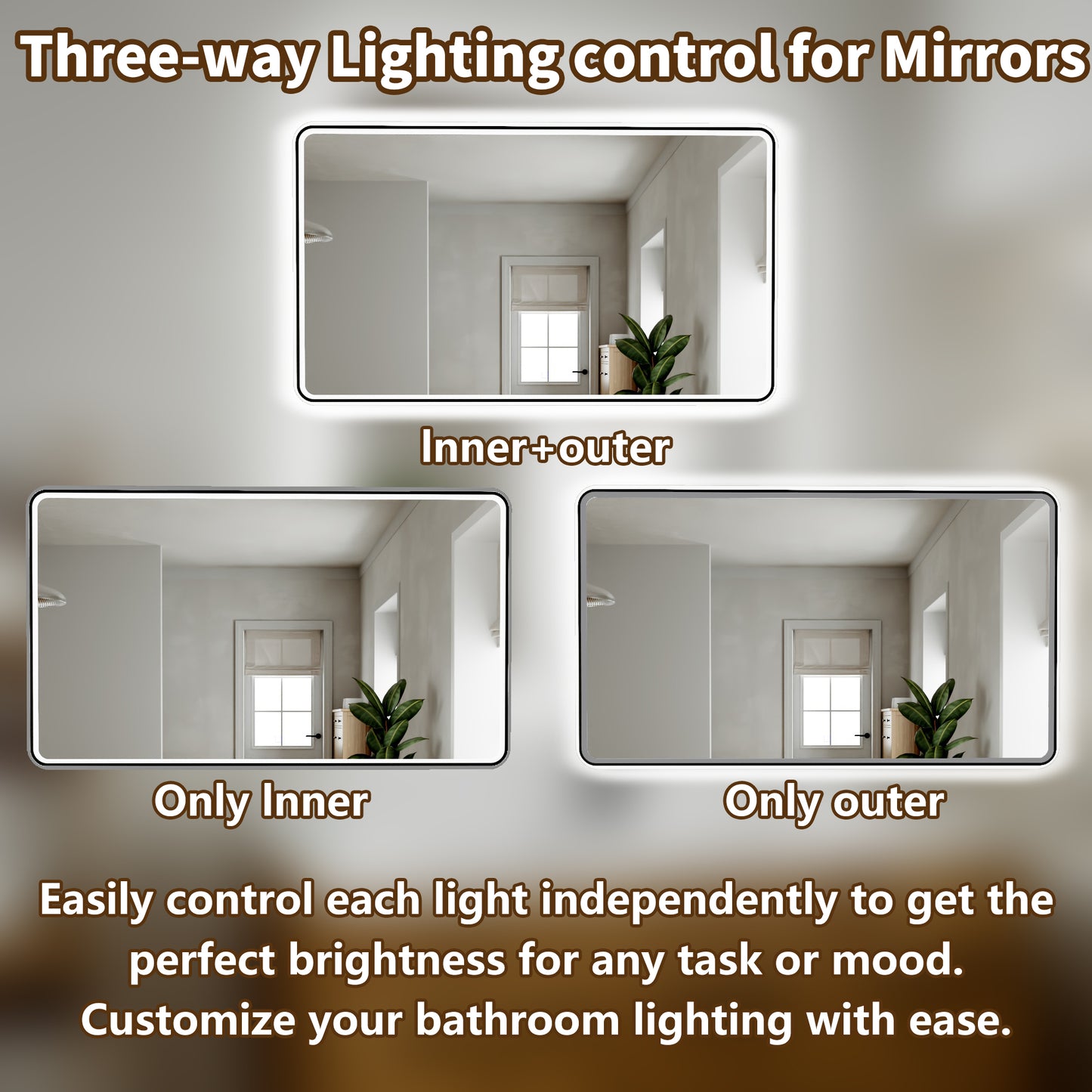 Lumina 55" W x 36" H LED Lighted Bathroom Mirror,High Illuminate,Inner and Outer Lighting,Anti-Fog,Dimmable,Black Frame with Rounded Corners