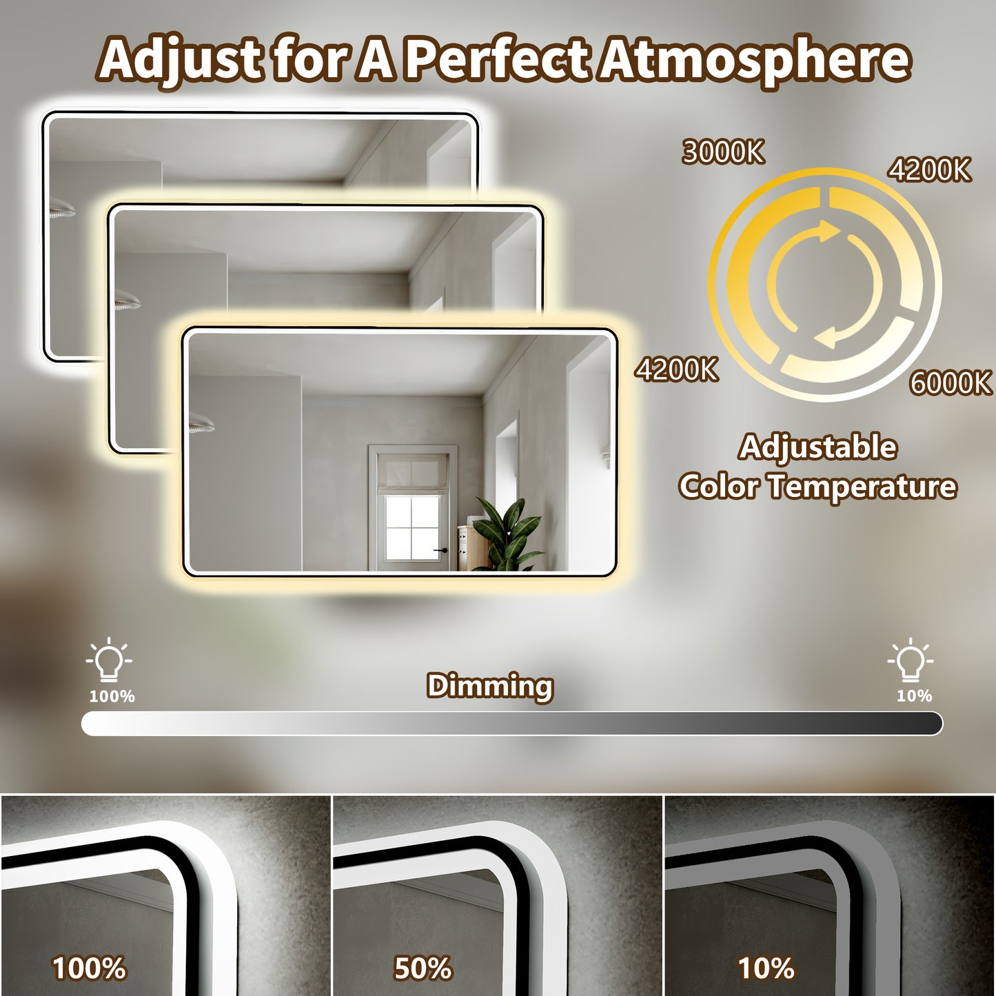 Lumina 55" W x 36" H LED Lighted Bathroom Mirror,High Illuminate,Inner and Outer Lighting,Anti-Fog,Dimmable,Black Frame with Rounded Corners