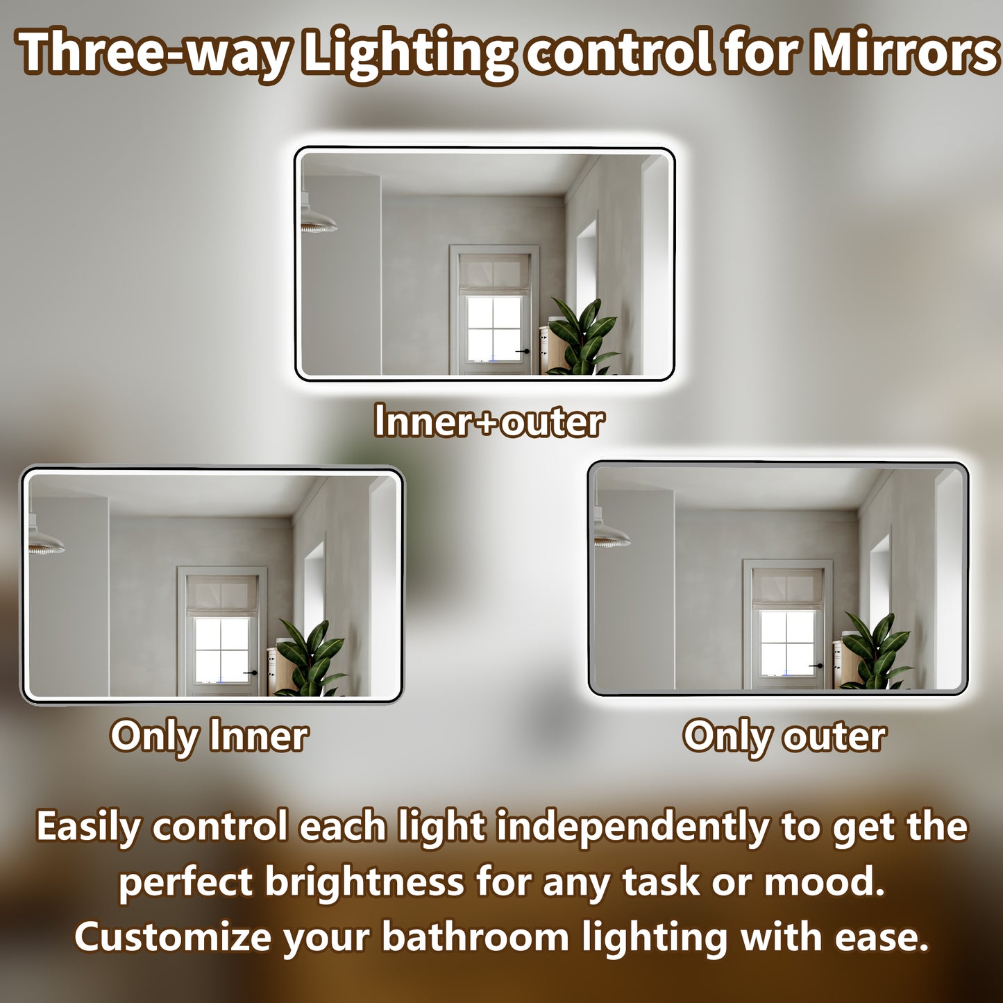 Lumina 48" W x 30" H LED Lighted Bathroom Mirror,High Illuminate, Inner & Outer Lighting,Anti-Fog, Dimmable,Black Frame with Rounded Corners