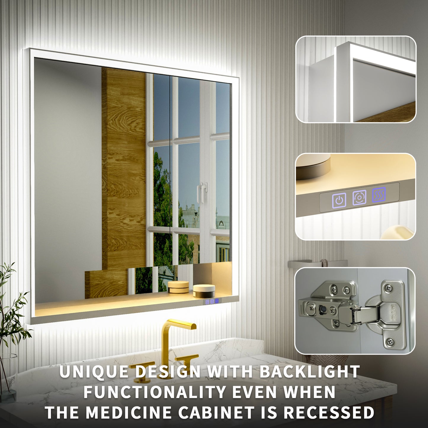 Ample 36" W x 36" H LED Lighted Chrome Medicine Cabinet with Mirror and Shelves for Bathroom Recessed or Surface Mount