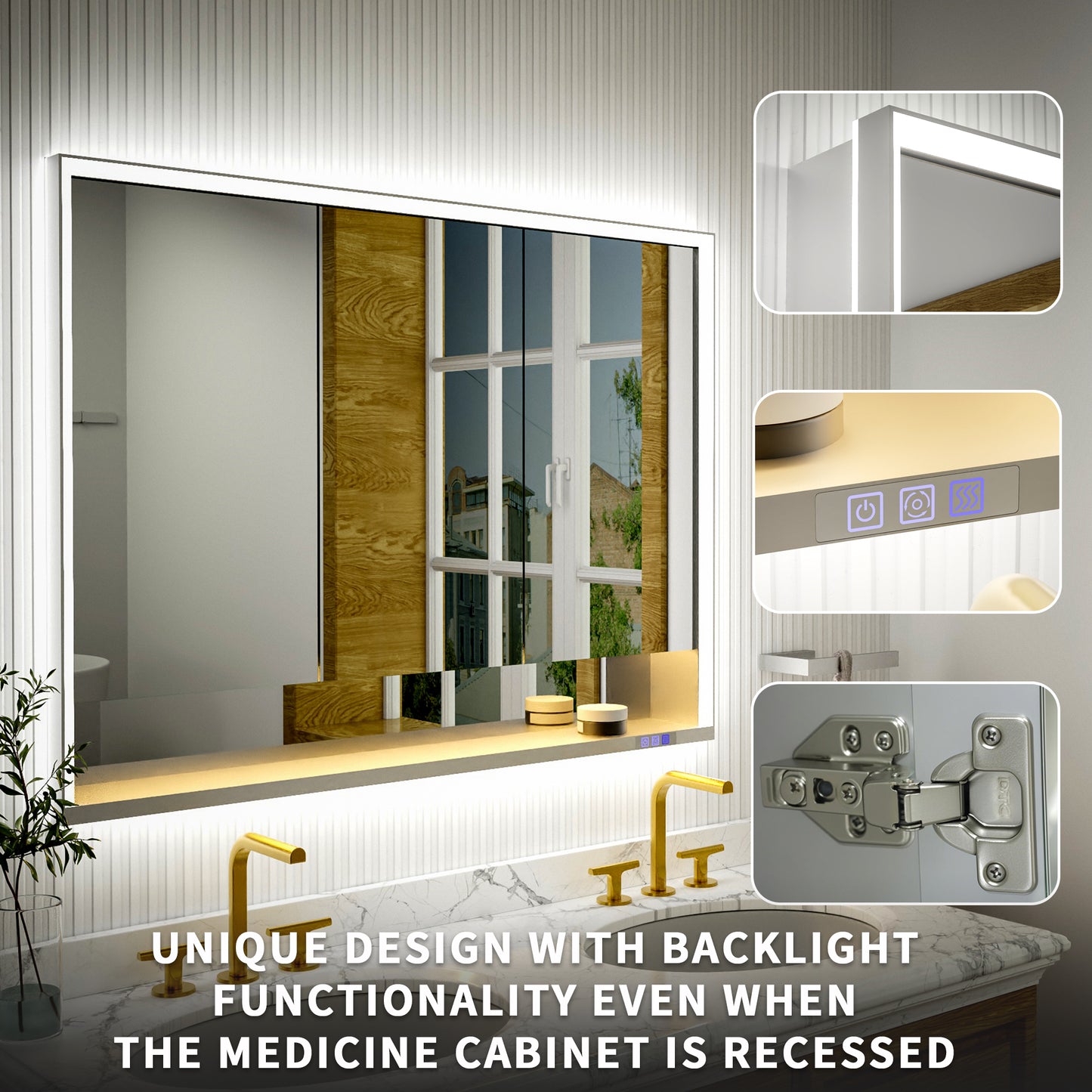 Ample 48" W x 36" H LED Lighted Chrome Medicine Cabinet with Mirror and Shelves for Bathroom Recessed or Surface Mount