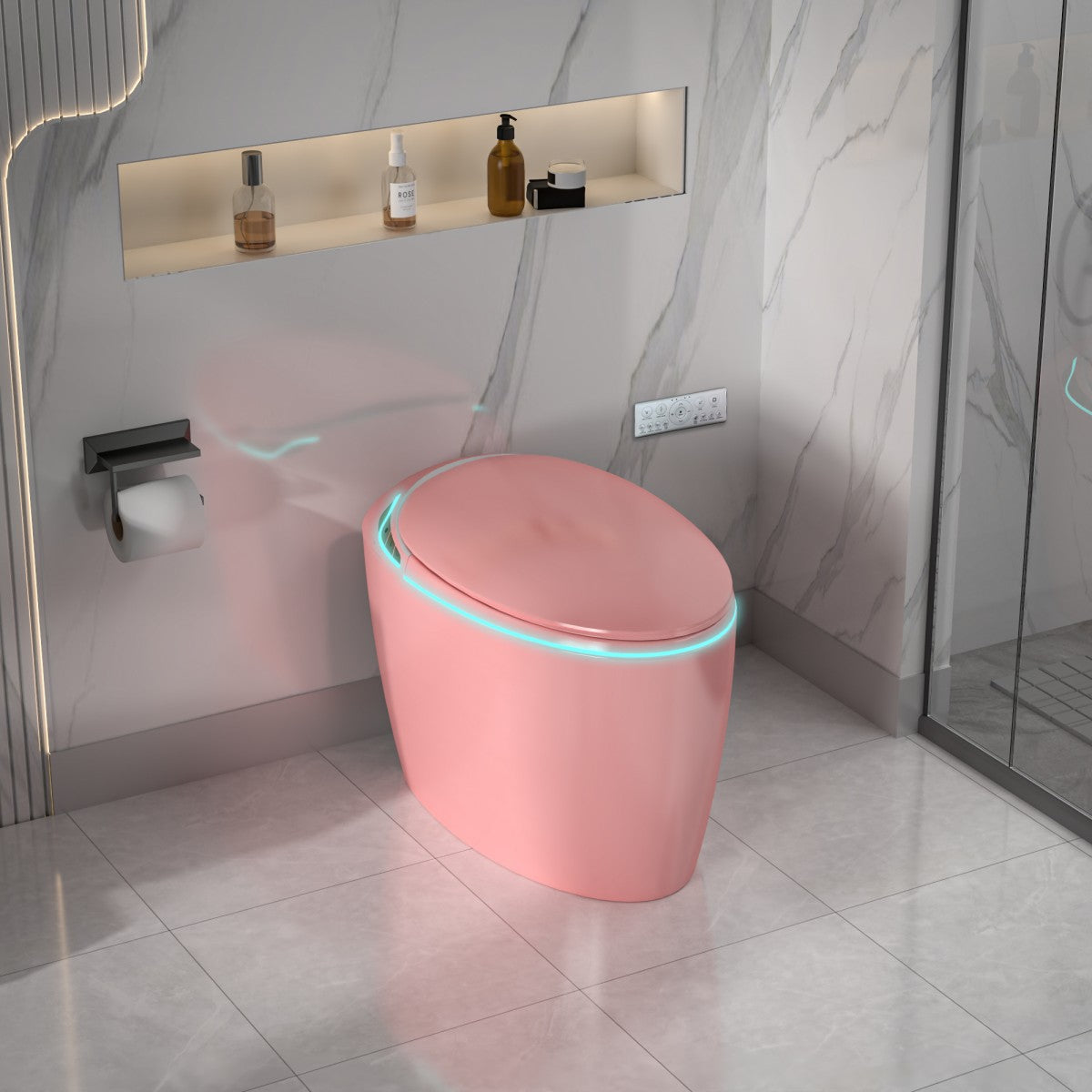 EP Exbrite Unique Smart Toilet with Bidet Built In, Intelligent One Piece Toilet For Modern Bathroom, Auto Open/Close Seat, Foot Sensor, LED Display,Night Light, Warm Water & Dryer,Pink