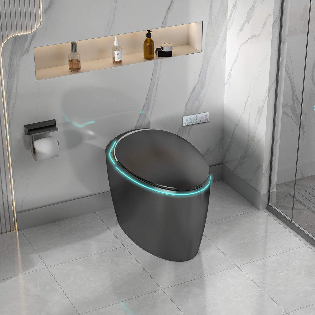 EP Exbrite Unique Smart Toilet with Bidet Built In, Intelligent One Piece Toilet For Modern Bathroom, Auto Open/Close Seat, Foot Sensor, LED Display,Night Light, Warm Water & Dryer, Black