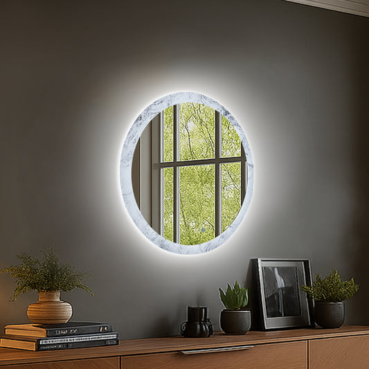 Glacy Series 30" x 30" Round LED Bathroom Mirror – Ice Textures Edge, Smart Dimming, Defogger, ETL Certified - ExBriteUSA