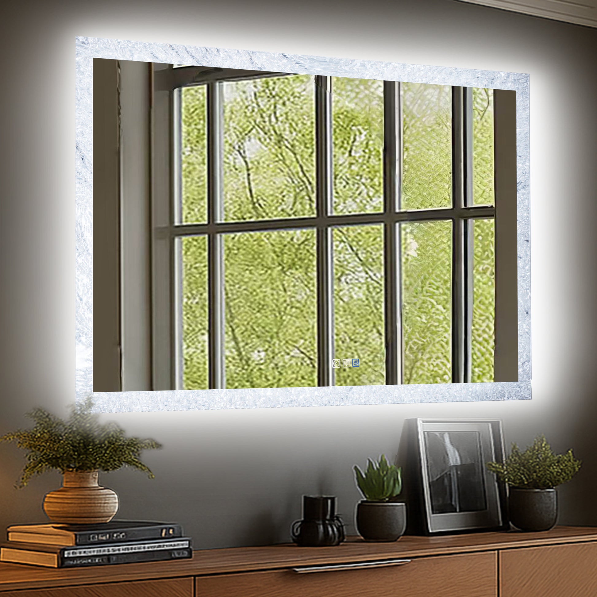 Glacy Series 60" x 36" Rectangle LED Bathroom Mirror – Ice Textures Edge, Smart Dimming, Defogger, ETL Certified - ExBriteUSA