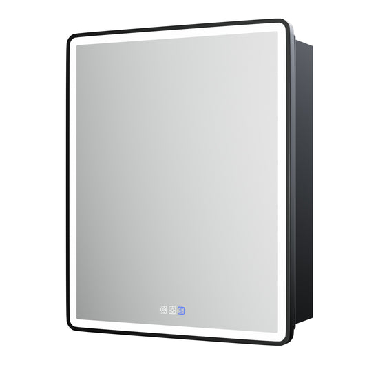 ExBrite 24" W x 30" H Light Medicine Cabinet Recessed or Surface Mount Adjustable Shelves Vanity Mirror Cabinet, Rounded Corner Door with Black Iron Frame, Hinge on the Right - ExBriteUSA