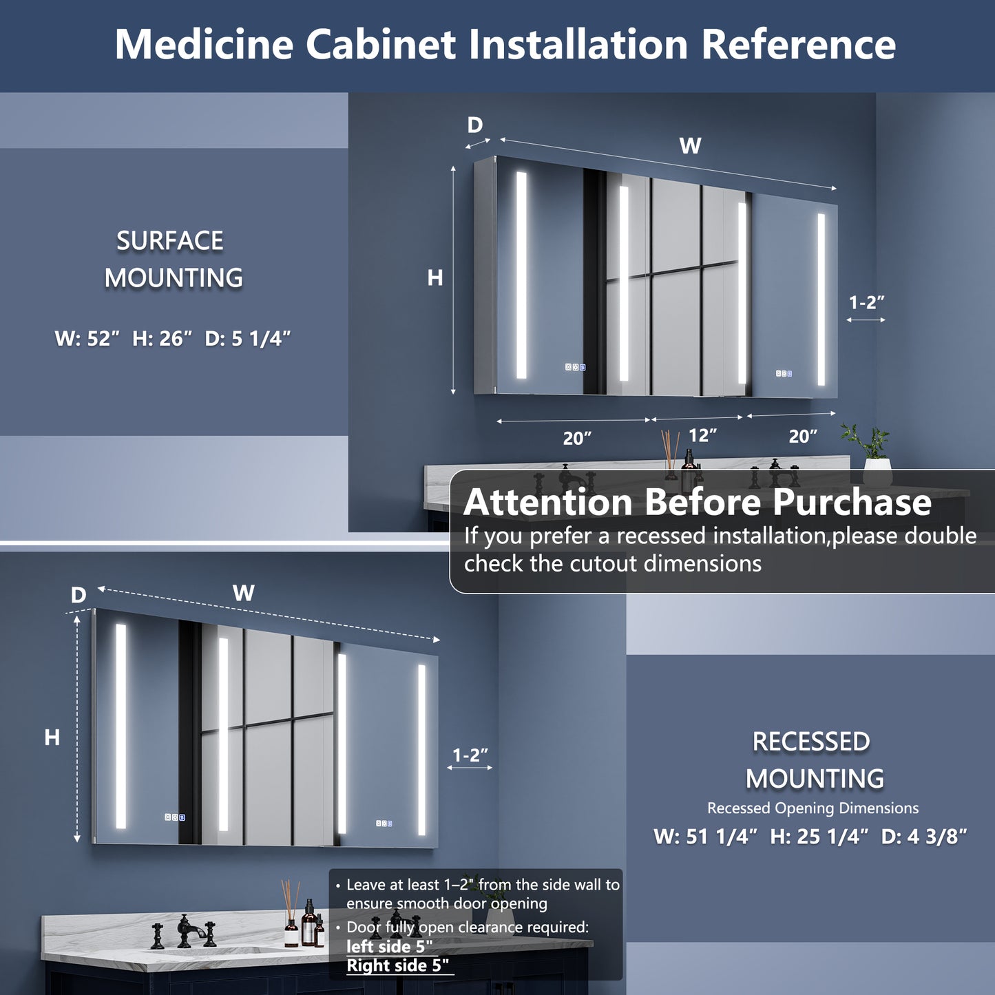 Boost-M1 52" W x 26" H Combination Medicine Cabinet with Mirror led Lighted Medicine Cabinet