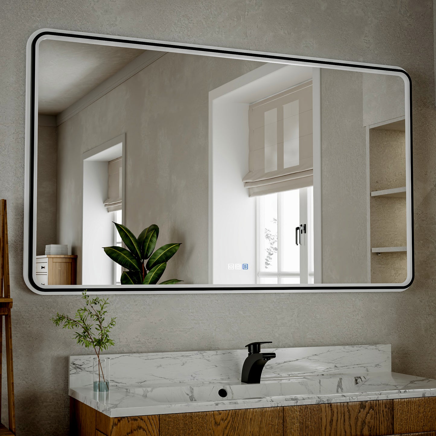 Lumina 55" W x 36" H LED Lighted Bathroom Mirror,High Illuminate,Inner and Outer Lighting,Anti-Fog,Dimmable,Black Frame with Rounded Corners