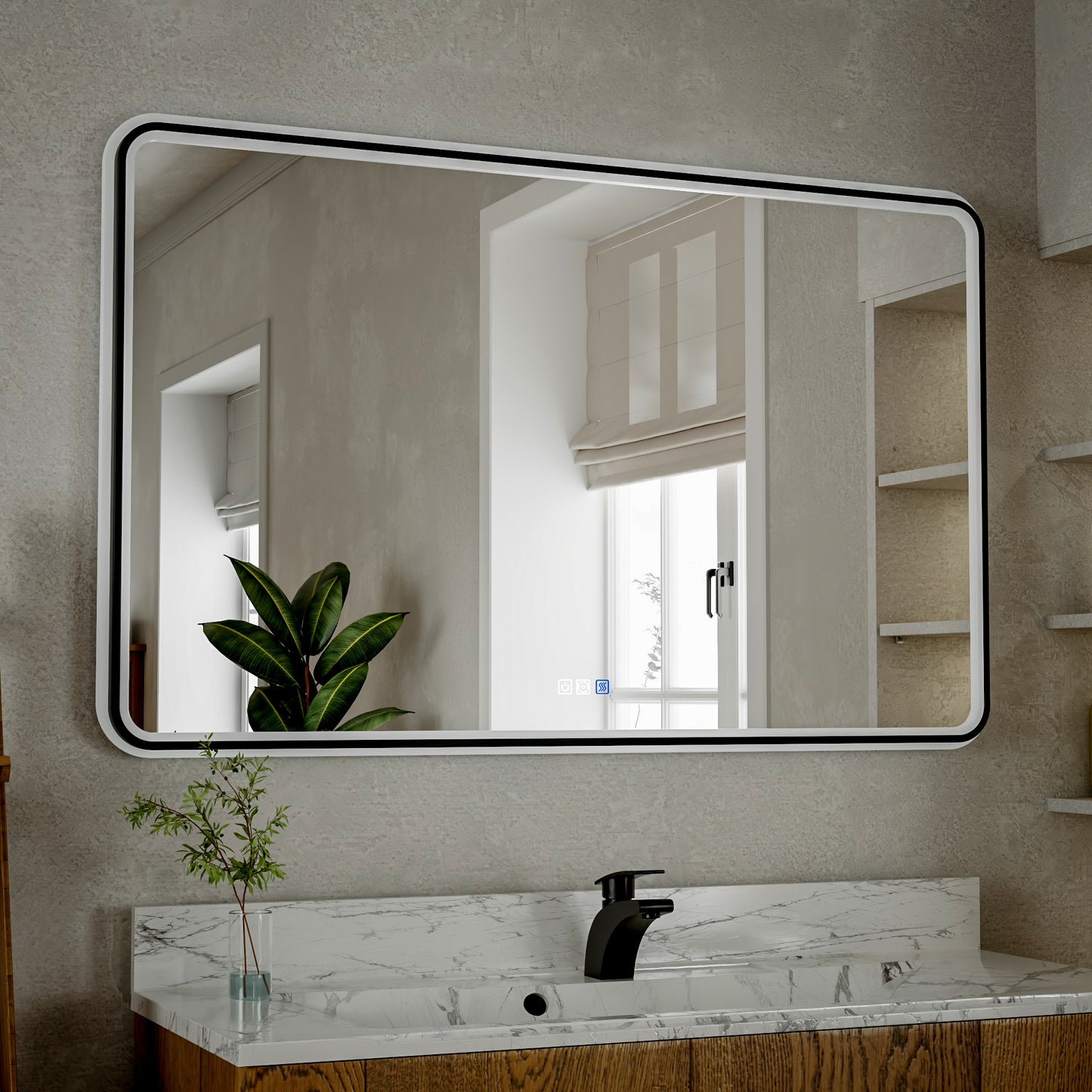 Lumina 48" W x 30" H LED Lighted Bathroom Mirror,High Illuminate, Inner & Outer Lighting,Anti-Fog, Dimmable,Black Frame with Rounded Corners