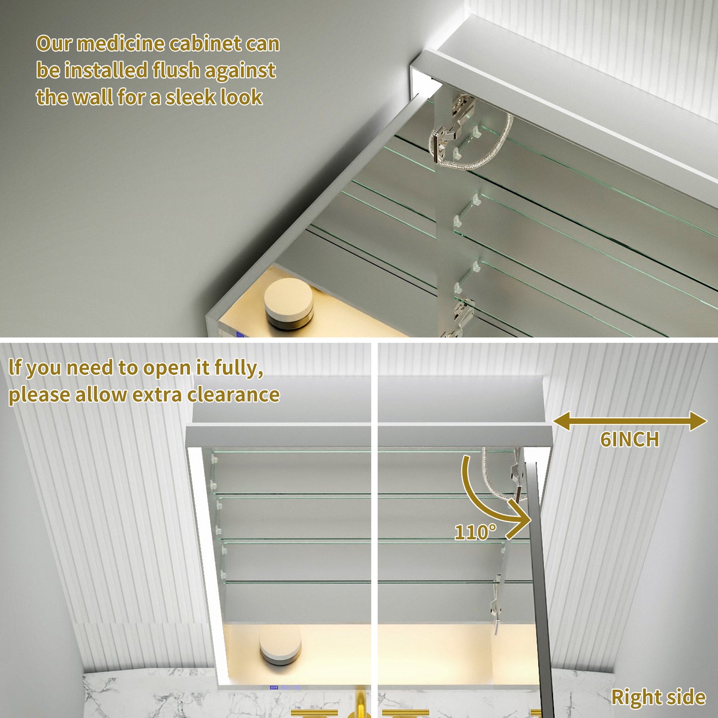 Ample 24" W x 36" H LED Lighted Chrome Medicine Cabinet with Mirror and Shelves for Bathroom Recessed or Surface Mount, Right Hinge - ExBriteUSA