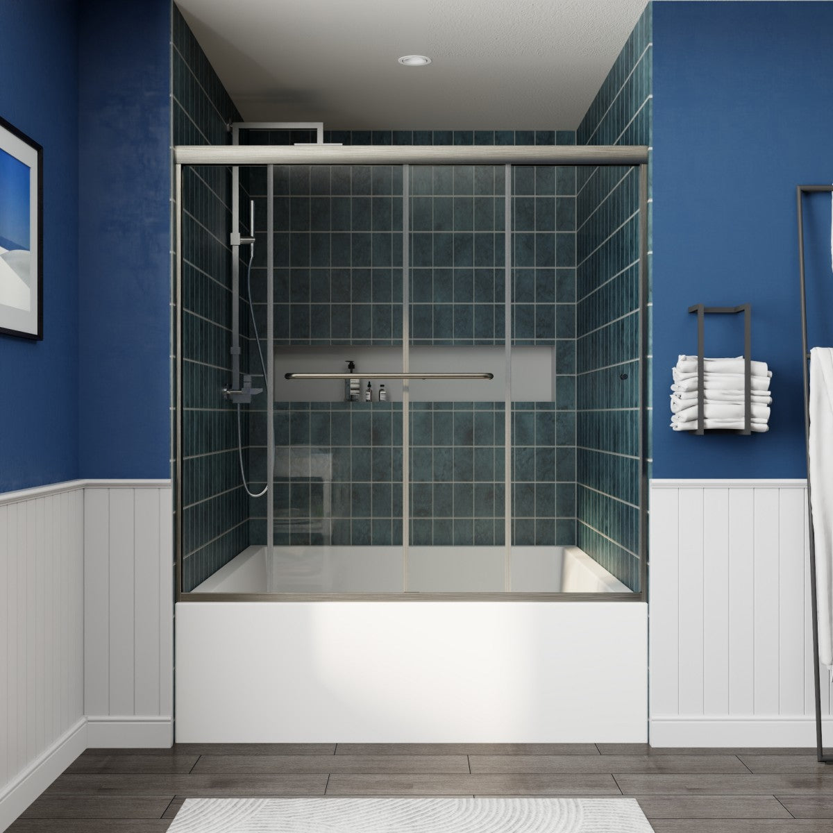 Glide-B Allsumhome 56-60" Semi-Frameless Double Sliding Tub Door,Bypass Bathtub Shower Tempered Glass Door,Explosion-Proof Film,Brush Nickel