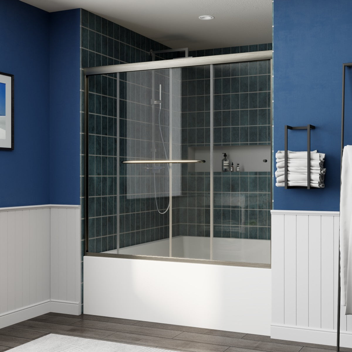 Glide-B Allsumhome 56-60" Semi-Frameless Double Sliding Tub Door,Bypass Bathtub Shower Tempered Glass Door,Explosion-Proof Film,Brush Nickel