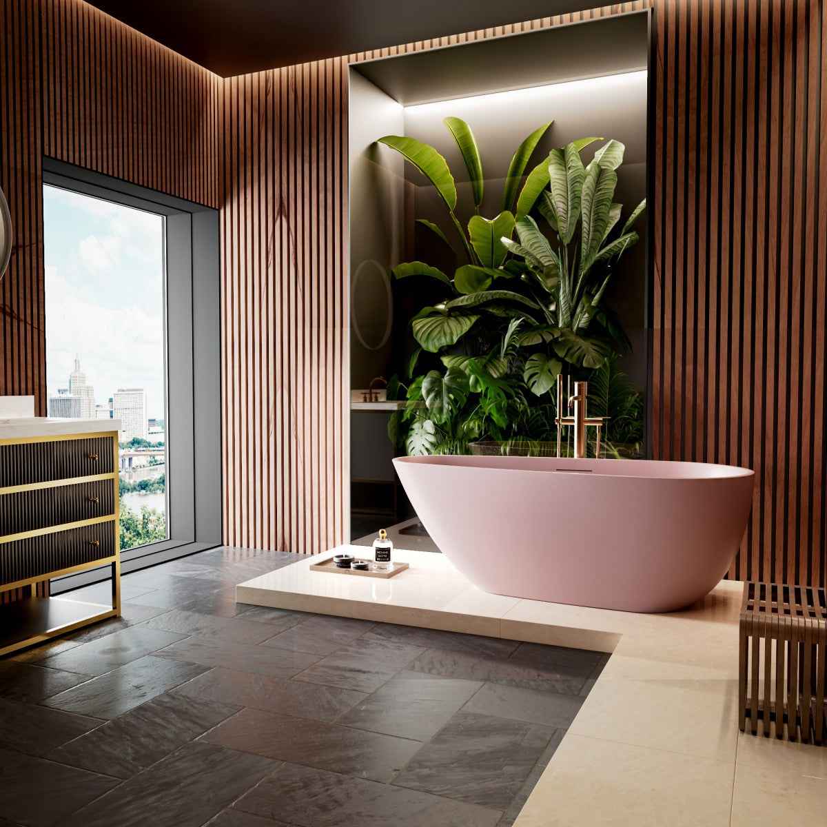 Allsumhome RockE 59" Imitation Natural Stone Freestanding Bathtub,Stone Touch,Pink,Scratch-proof,cUPC Certified,No Drain