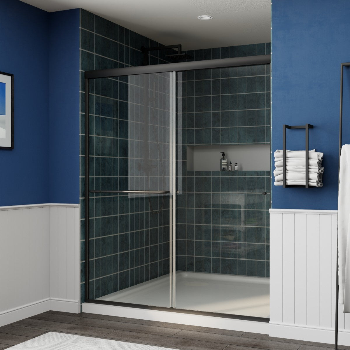 Glide Semi-Frameless Shower Door 56-60 in. W x 72 in. H Bypass Sliding Shower Enclosure,Matte Black,Double Sliding Glass Bathroom Doors