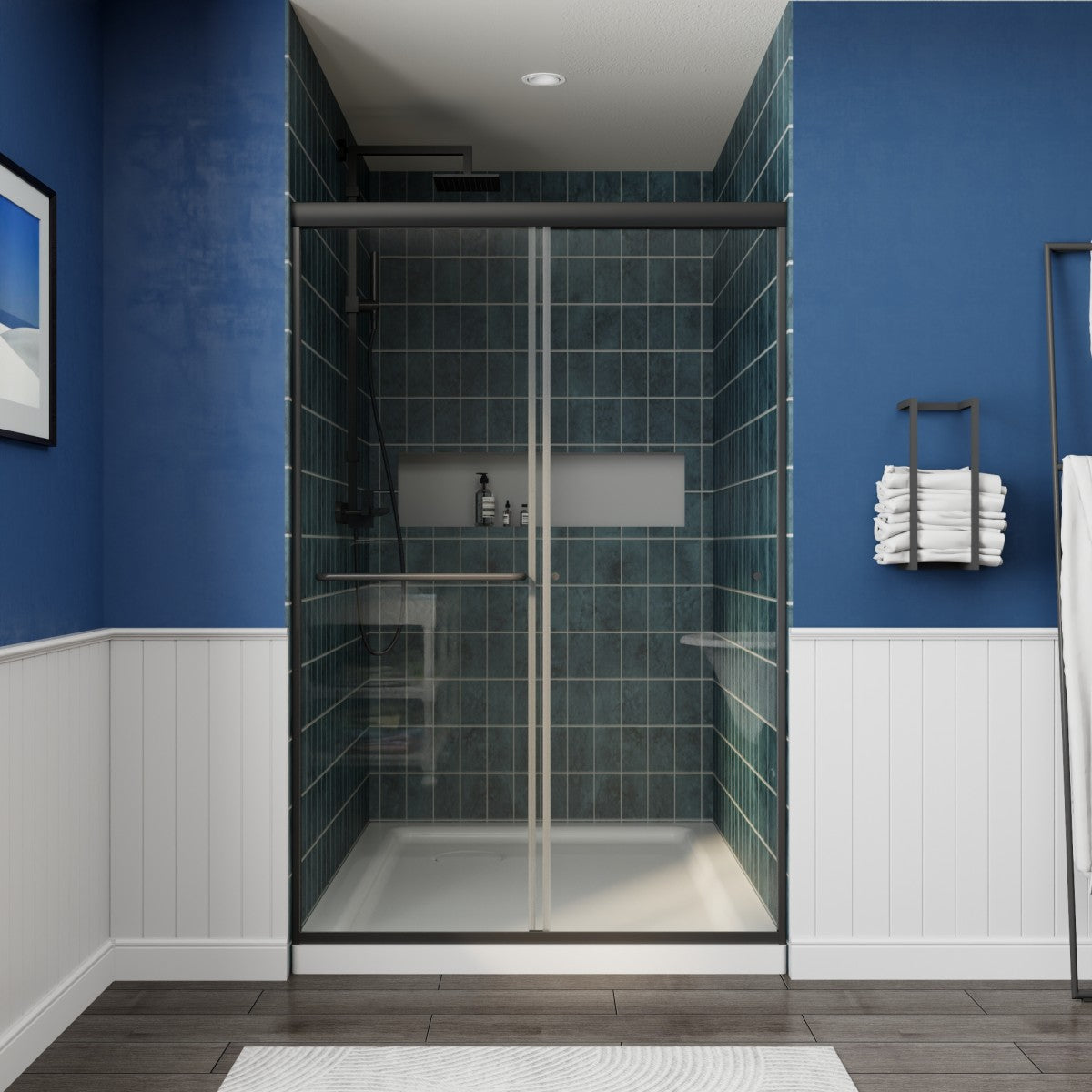 Glide 44-48" x 72" Framed Shower Door in Matte Black,Water Repellent Glass Shower Door,Easy Glide Rollers Sliding Shower Door