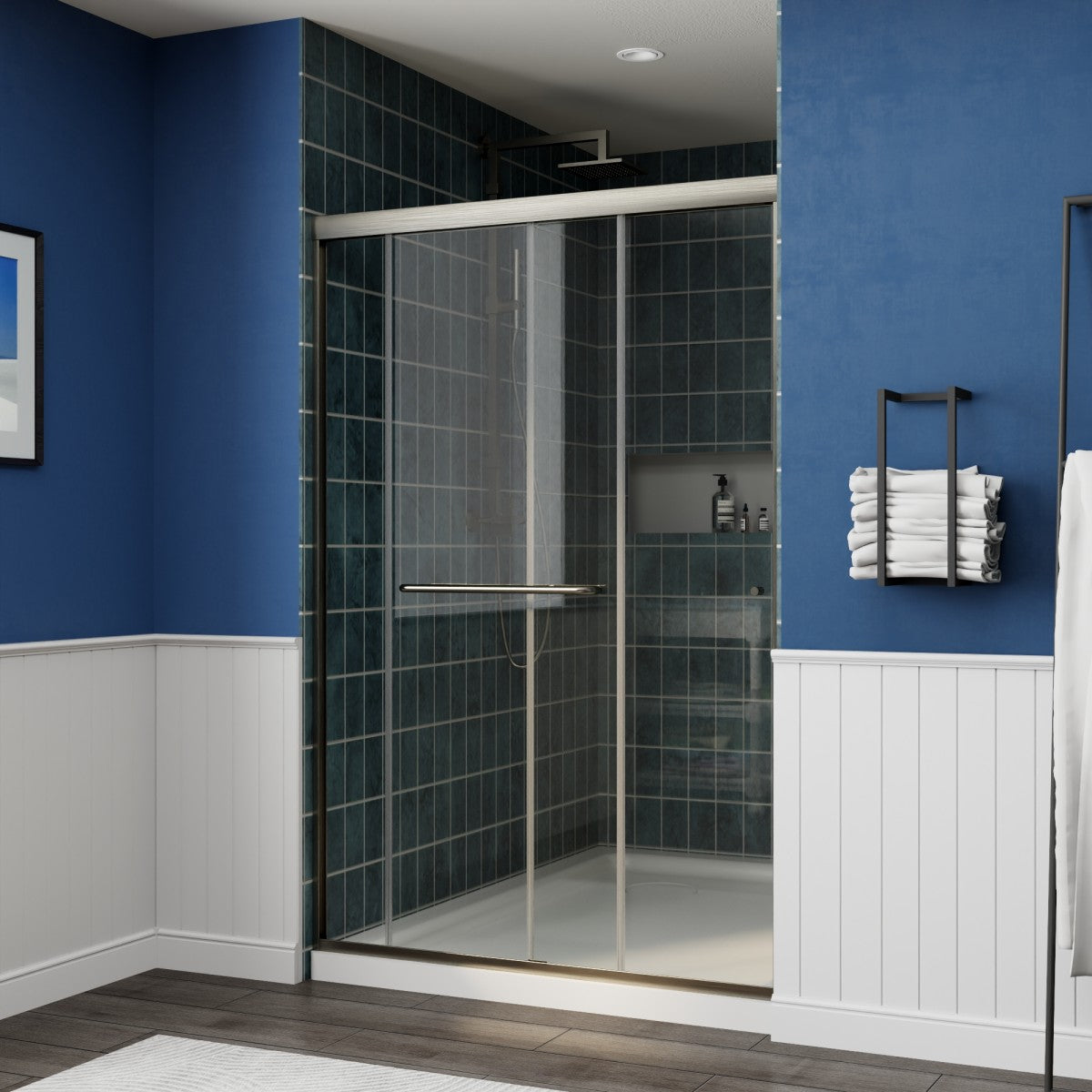 Glide 44-48" x 72" Framed Shower Door in Brushed Nickel,Water Repellent Glass Shower Door,Easy Glide Rollers Sliding Shower Door