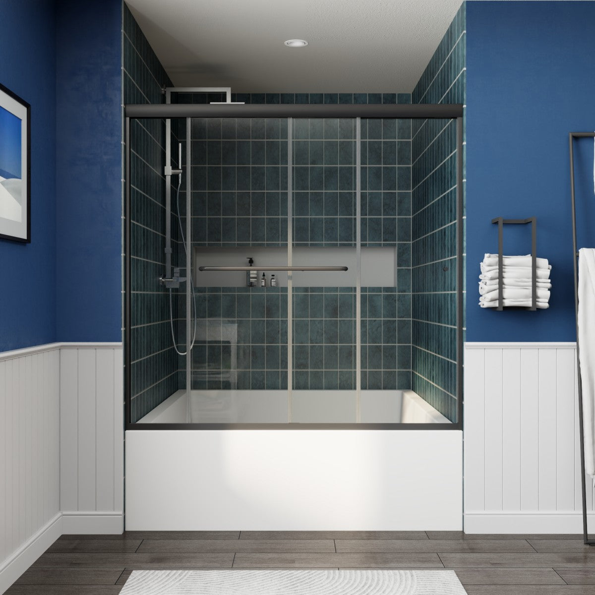 Glide-B Allsumhome 56-60" Semi-Frameless Double Sliding Tub Door,Bypass Bathtub Shower Tempered Glass Door,Explosion-Proof Film,Matte Black