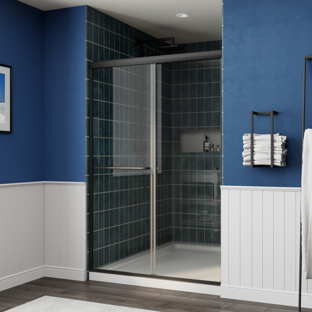 Glide 44-48" x 72" Framed Shower Door in Matte Black,Water Repellent Glass Shower Door,Easy Glide Rollers Sliding Shower Door
