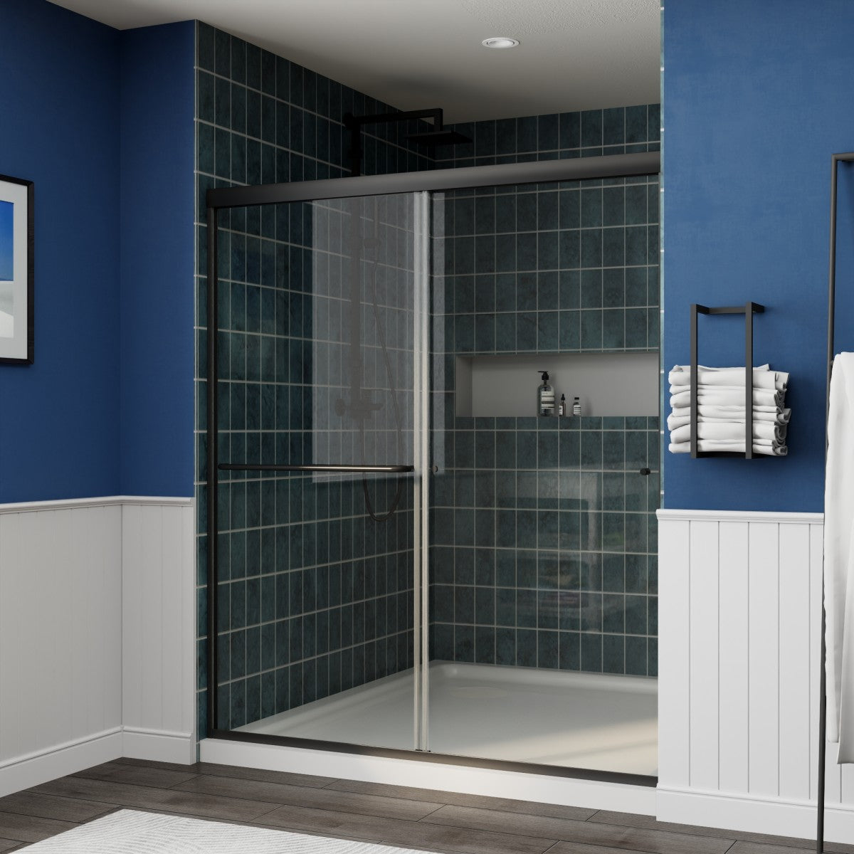 Glide 56-60"W x 70"H Black Frame Clear Tempered Sliding Glass Shower Doors for Bathroom