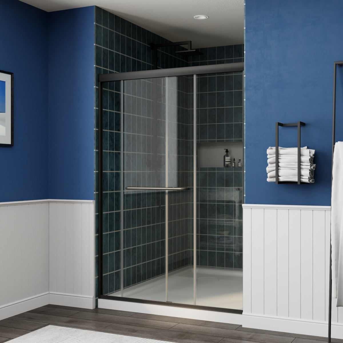 Glide 44-48" Wide x 70" High Sliding Glass Shower Doors Frame in Black,Clear Tempered Glass