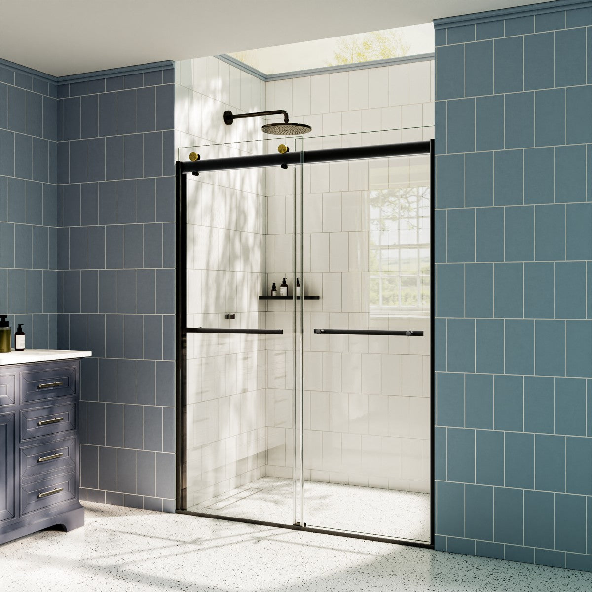 ExRoll 56"-60" Width x 74" Height Shower Sliding Glass,Clear Tempered Glass,Matte Black,Smooth Door Closing,Explosion-proof,Easy-to-clean coating