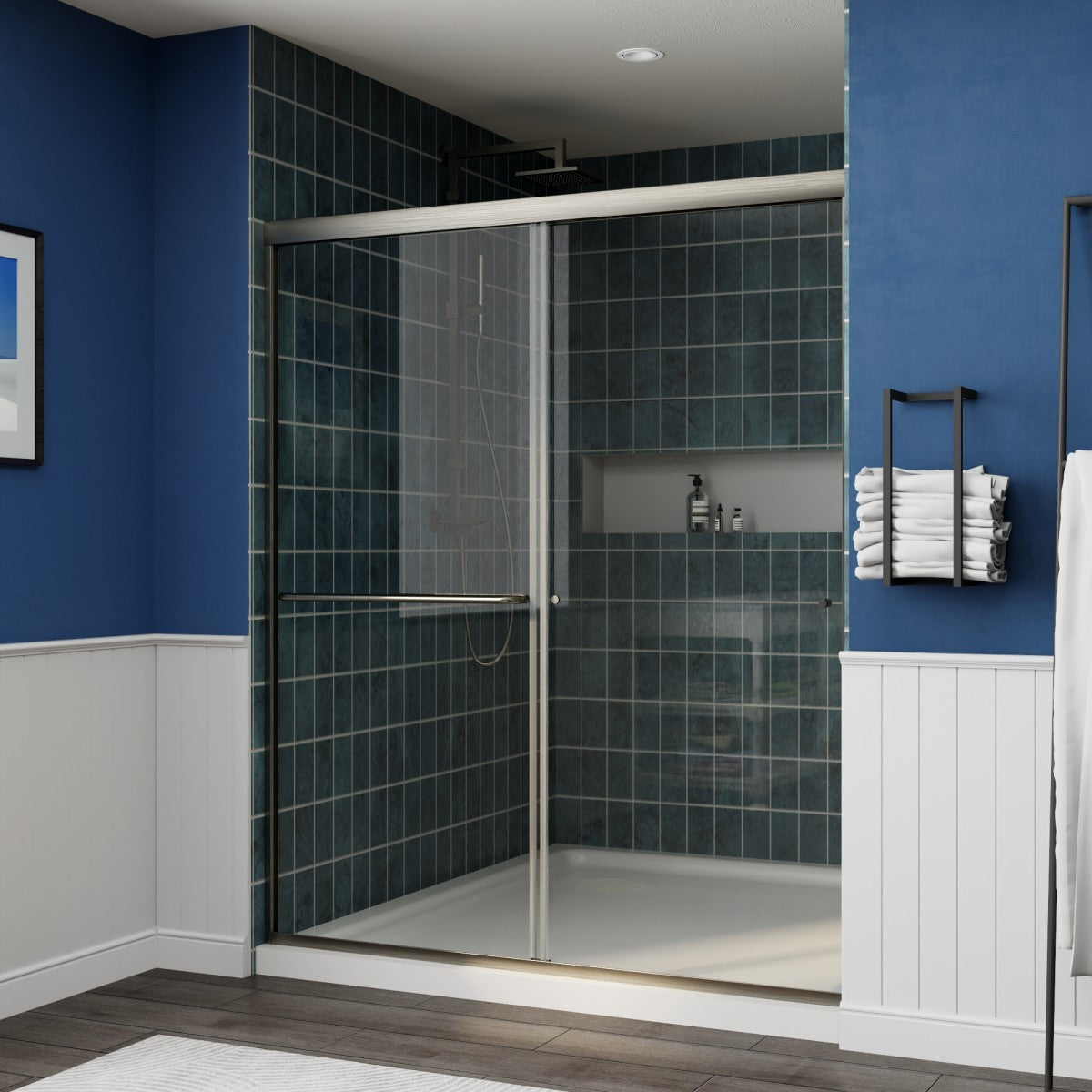 Glide Semi-Frameless Shower Door 56-60 in. W x 72 in. H Bypass Sliding Shower Enclosure,Brushed Nickel,Double Sliding Glass Bathroom Doors