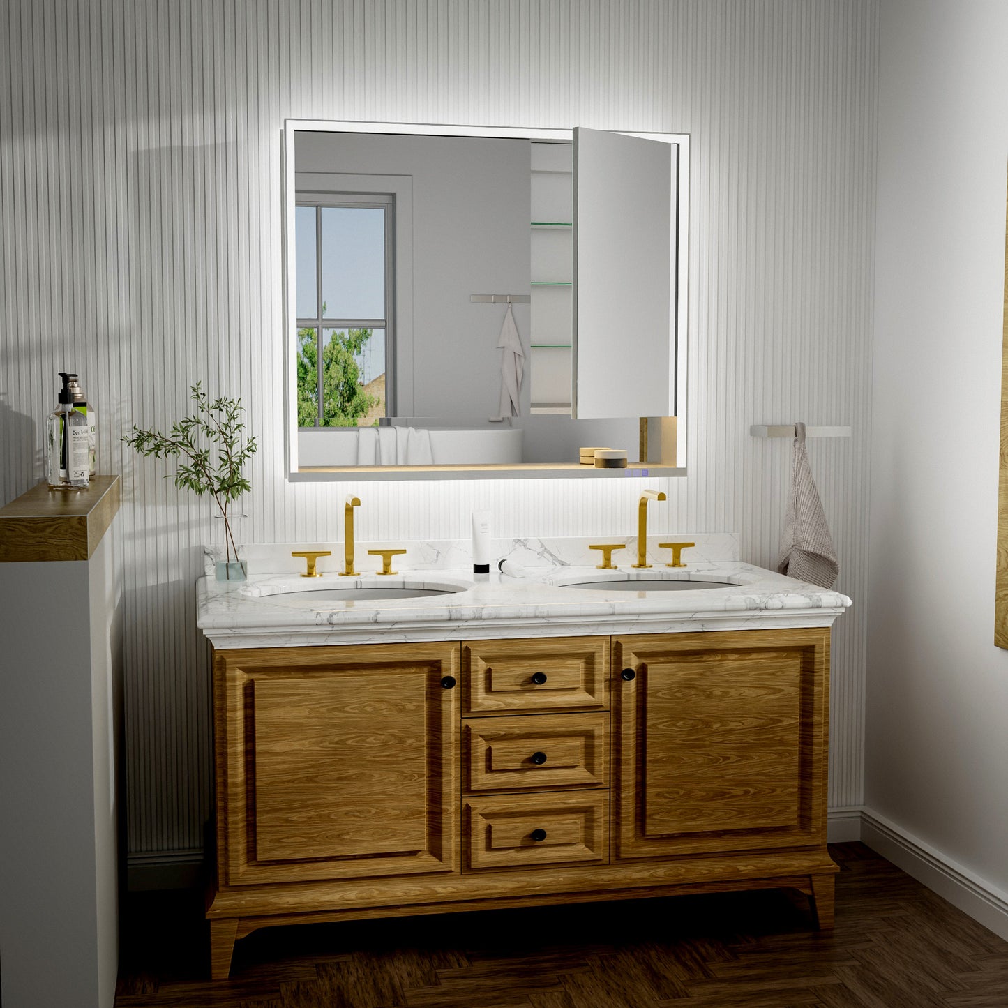 Ample 42" W x 36" H LED Lighted Chrome Medicine Cabinet with Mirror and Shelves for Bathroom Recessed or Surface Mount - ExBriteUSA