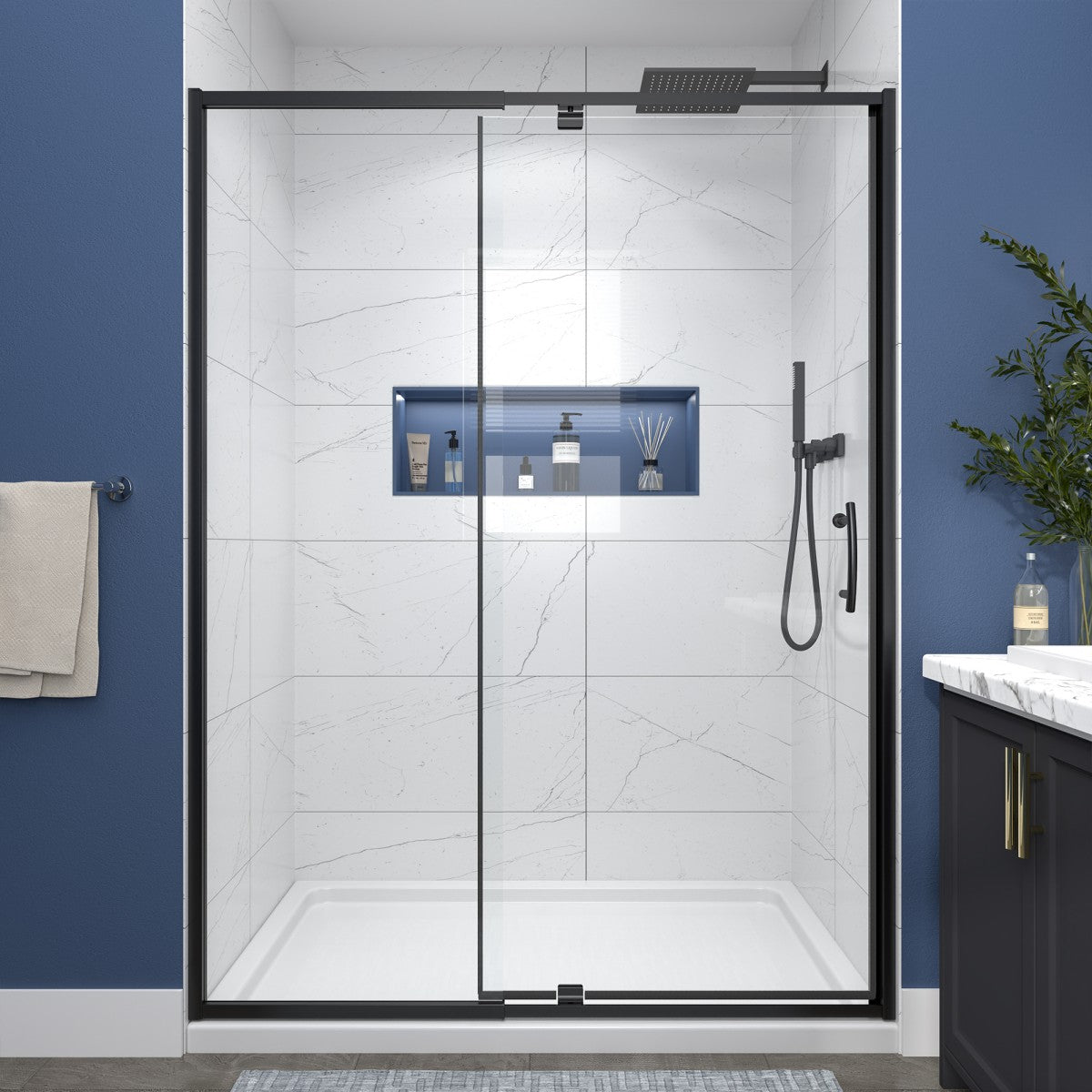 Flexi Showers 50-54" W x 71" H Glass Shower Doos Semi-Frameless,6mm Clear Tempered Glass Panel, Black Finish - ExBriteUSA