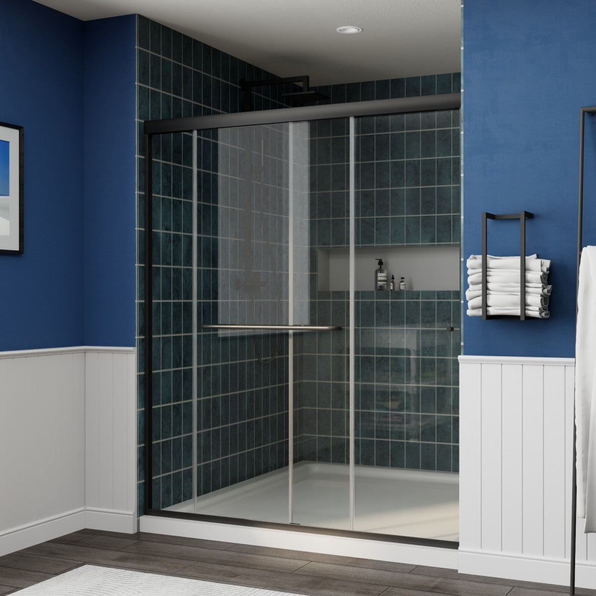 Glide Semi-Frameless Shower Door 56-60 in. W x 72 in. H Bypass Sliding Shower Enclosure,Matte Black,Double Sliding Glass Bathroom Doors