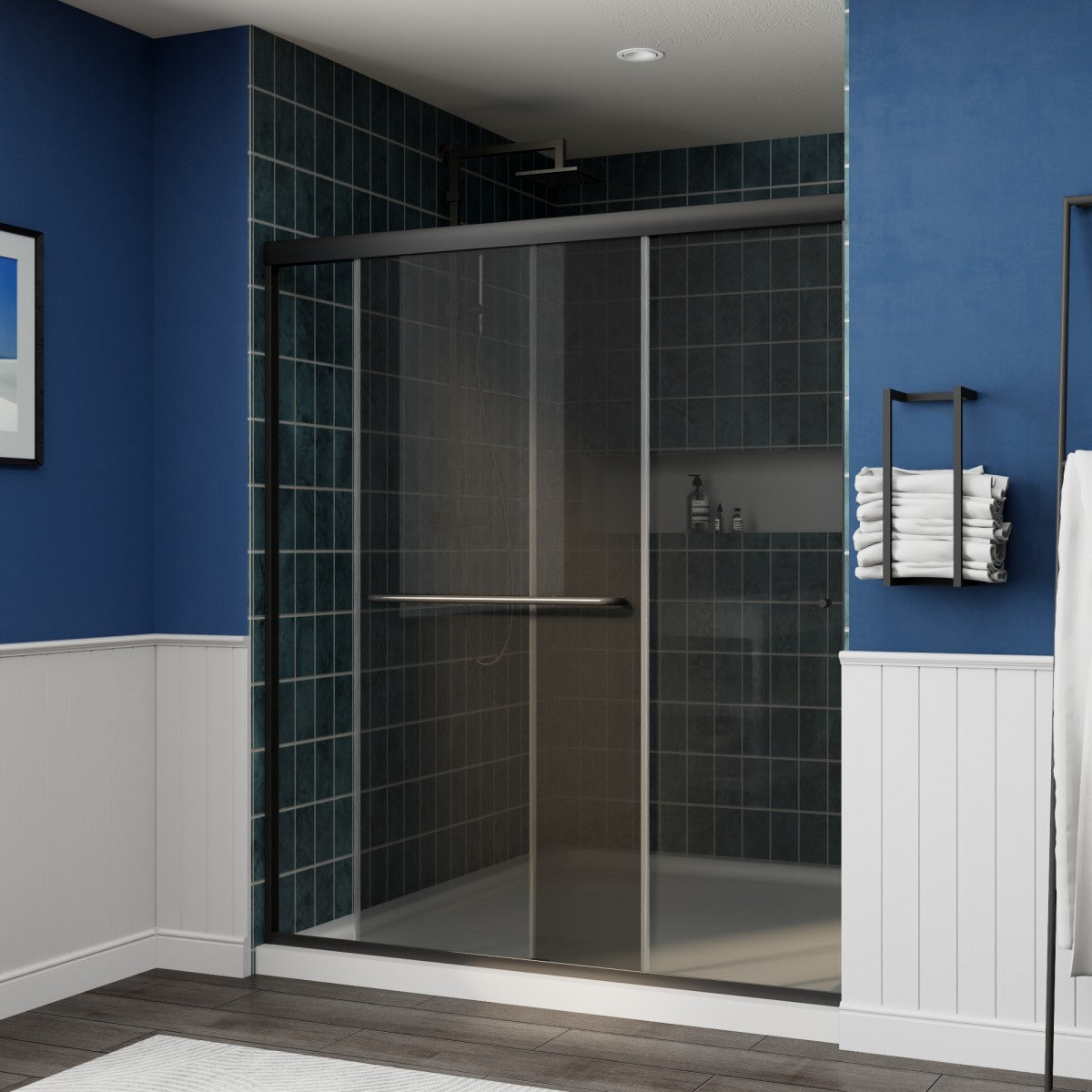 Glide-GR Semi-Frameless Shower Door 56-60 in. W x 70 in. H Bypass Sliding Shower Enclosure,Matte Black,Double Sliding Smoke Gray Glass